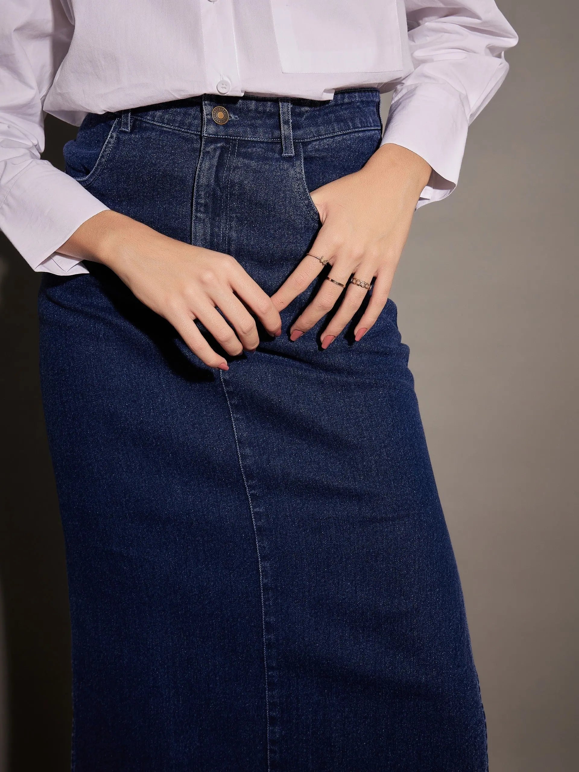 Navy Denim Midi Skirt - Women's Western Clothing & Outfits