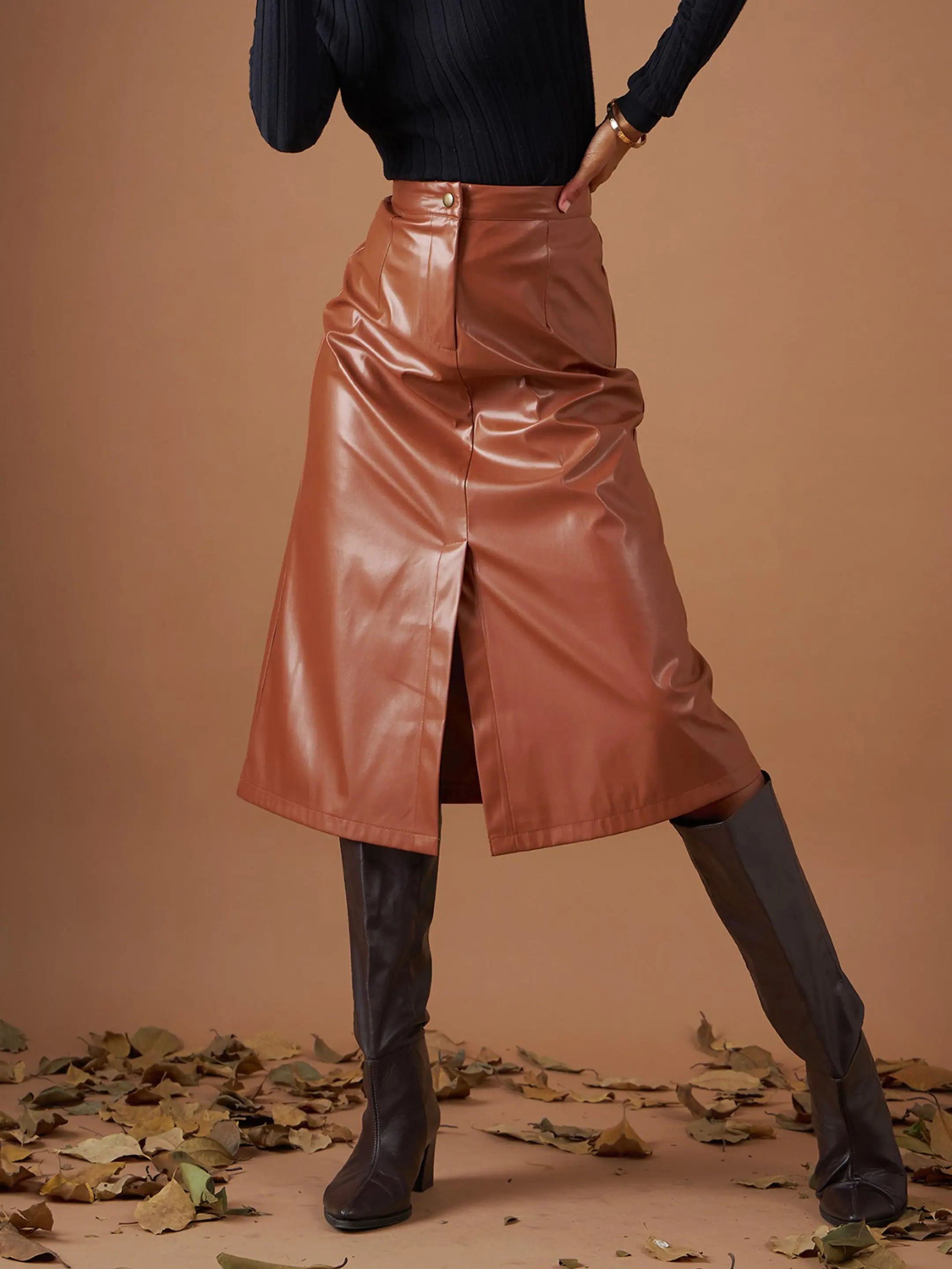 Brown PU A-Line Skirt | Women's Skirts Below Knee
