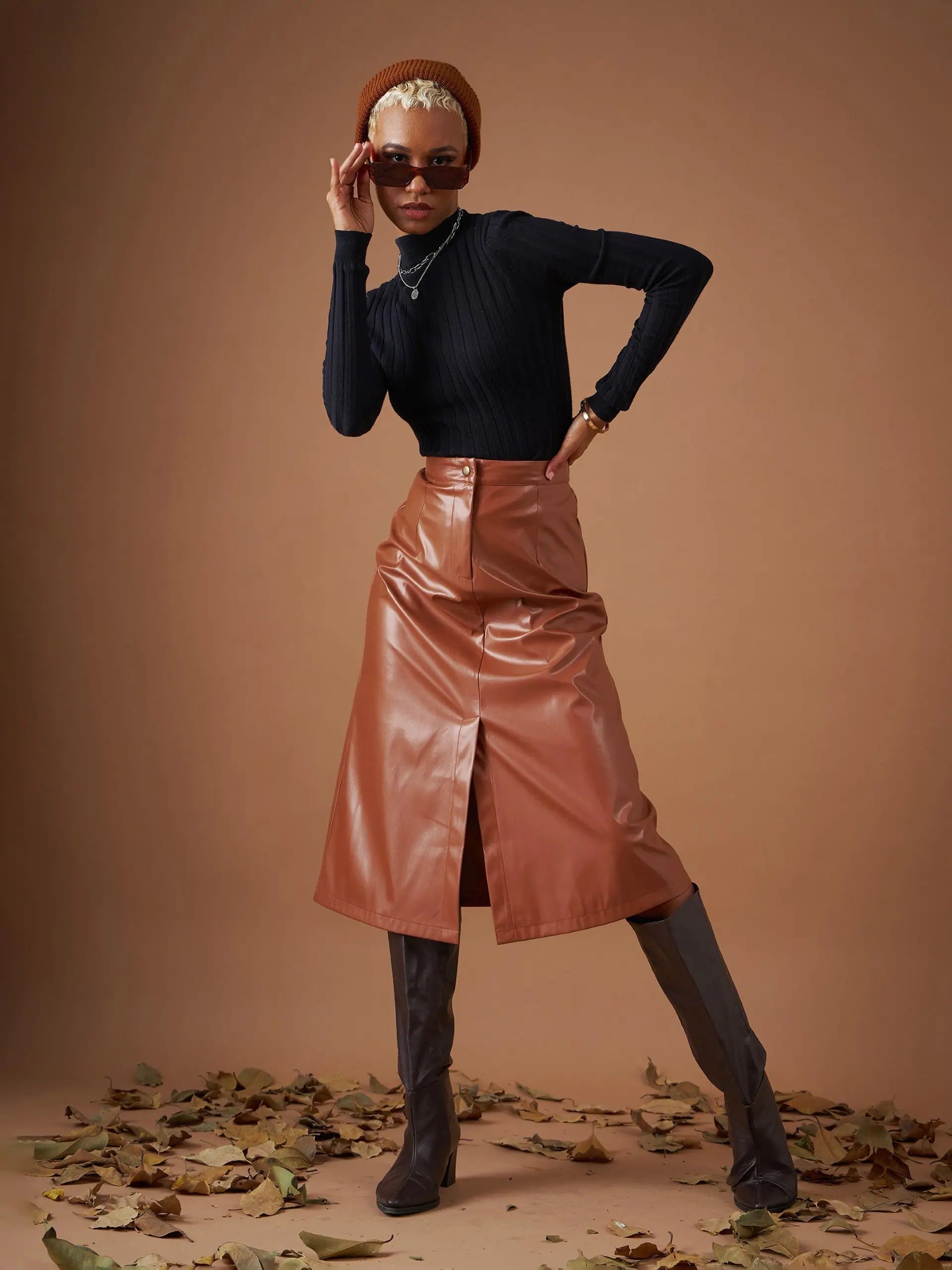 Brown PU A-Line Skirt | Women's Skirts Below Knee