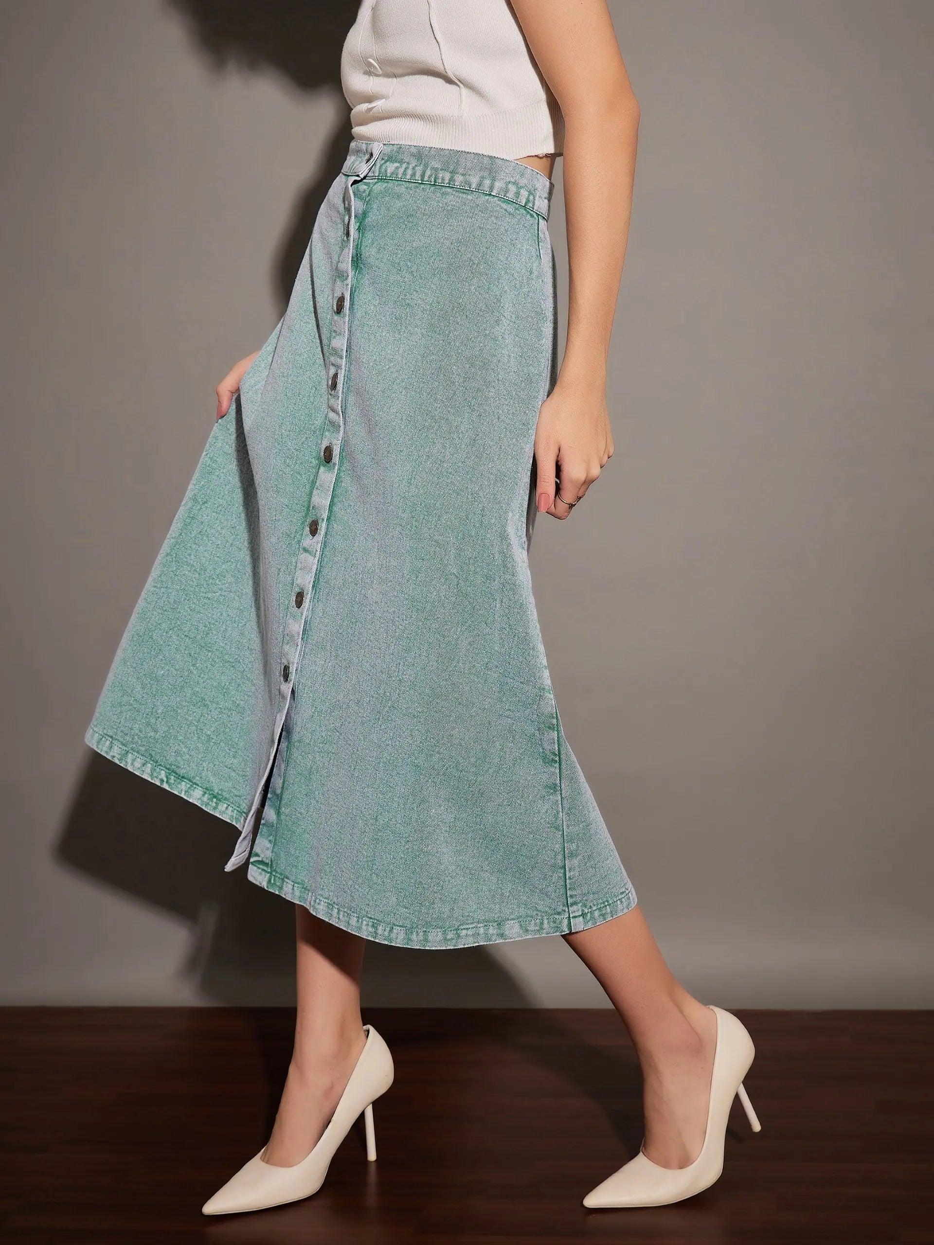 Green Denim A-Line Skirt - Women's Western Clothing Online