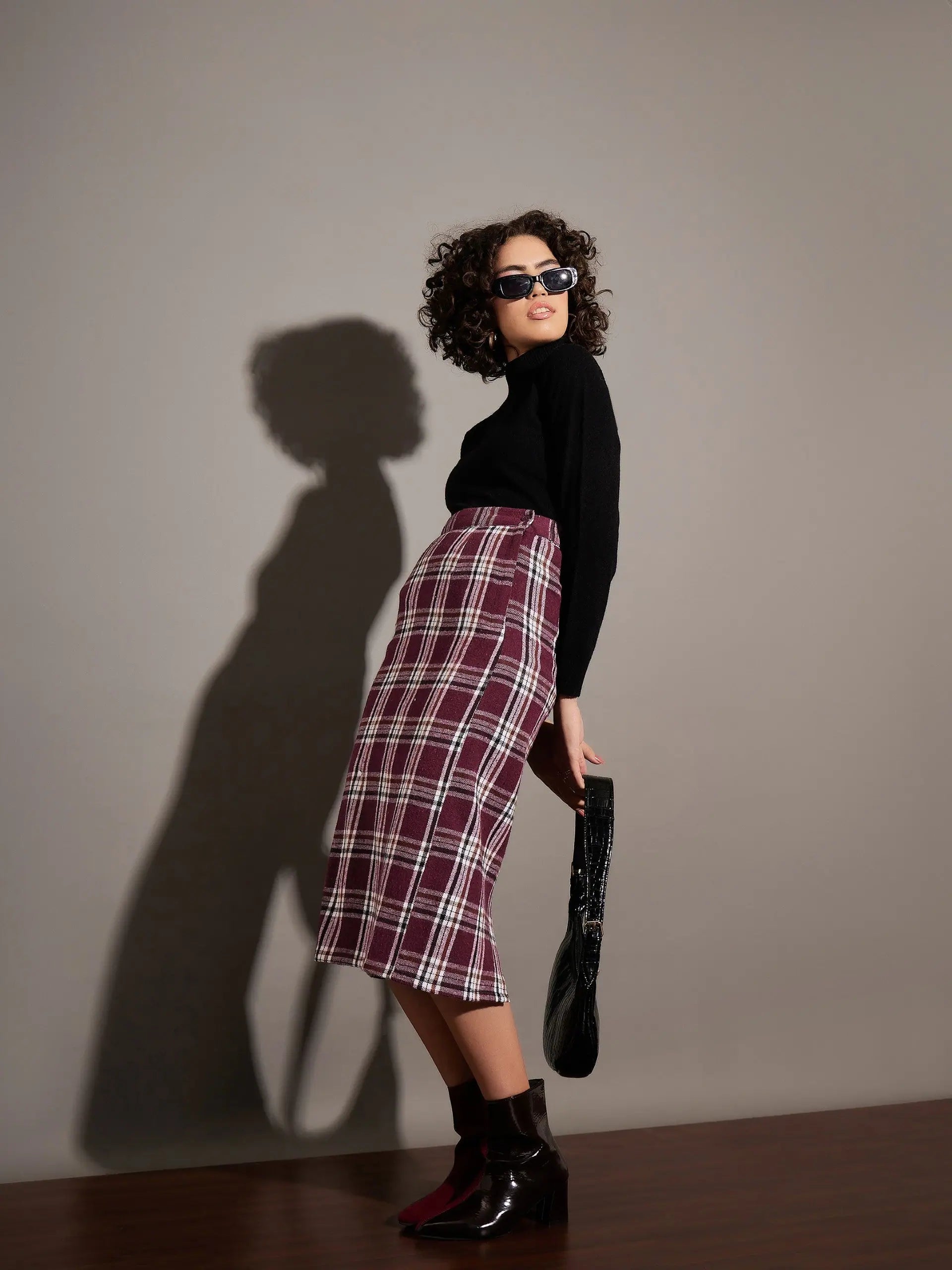 Maroon Check Pencil Skirt - Women's Western Wear Outfits