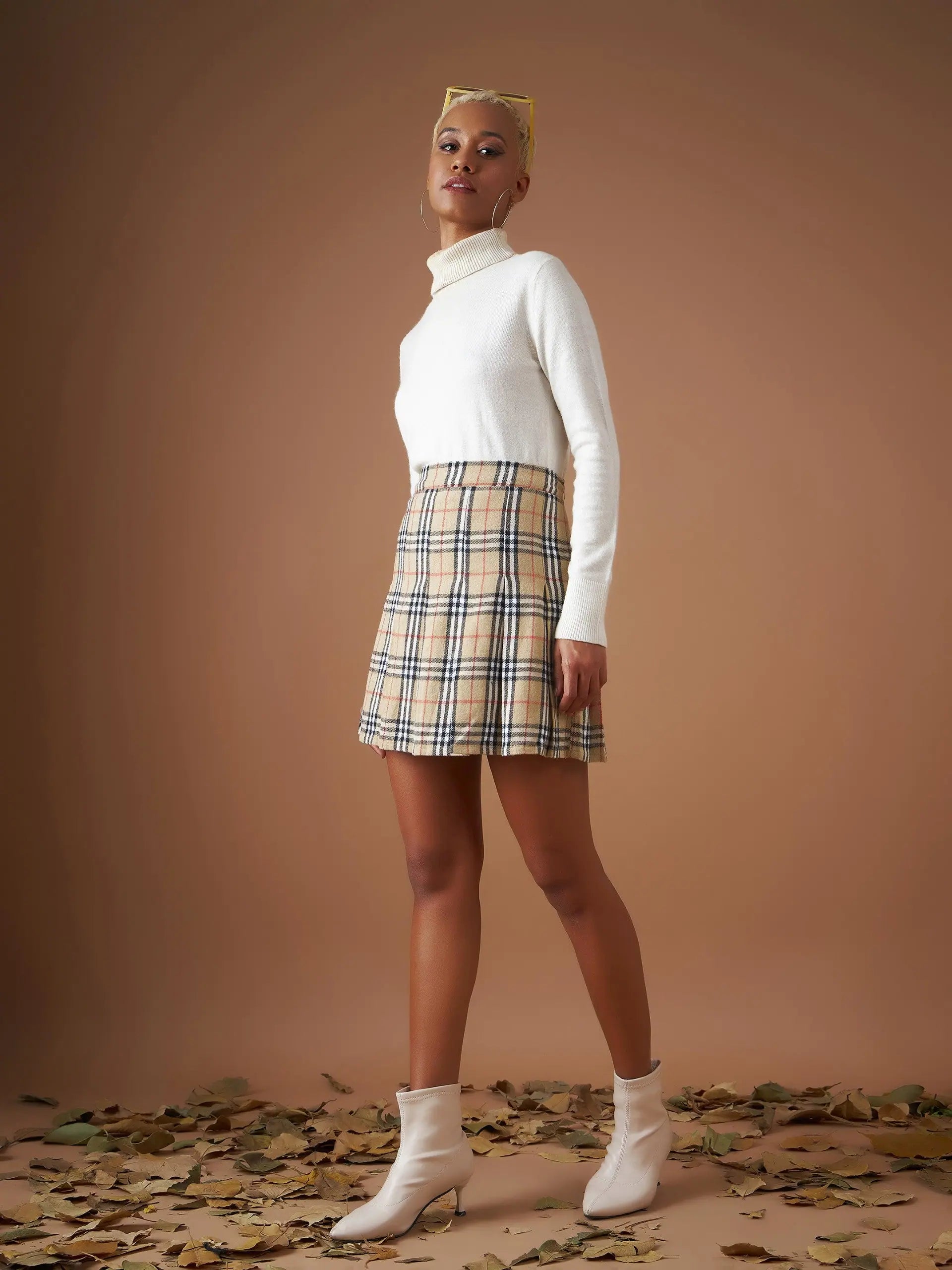 Beige Check Mini Skirt - Women's Western Wear & Outfits