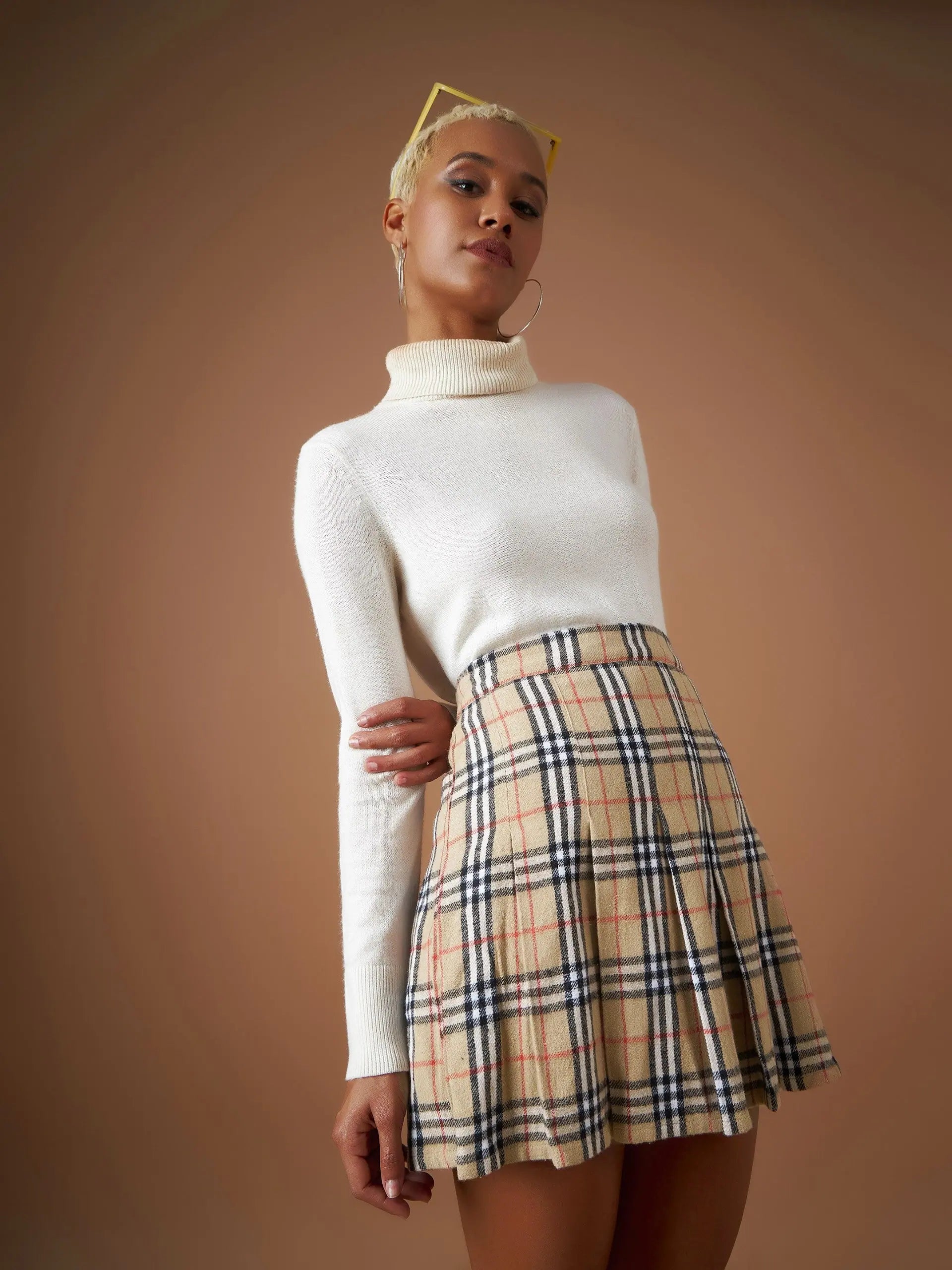 Beige Check Mini Skirt - Women's Western Wear & Outfits
