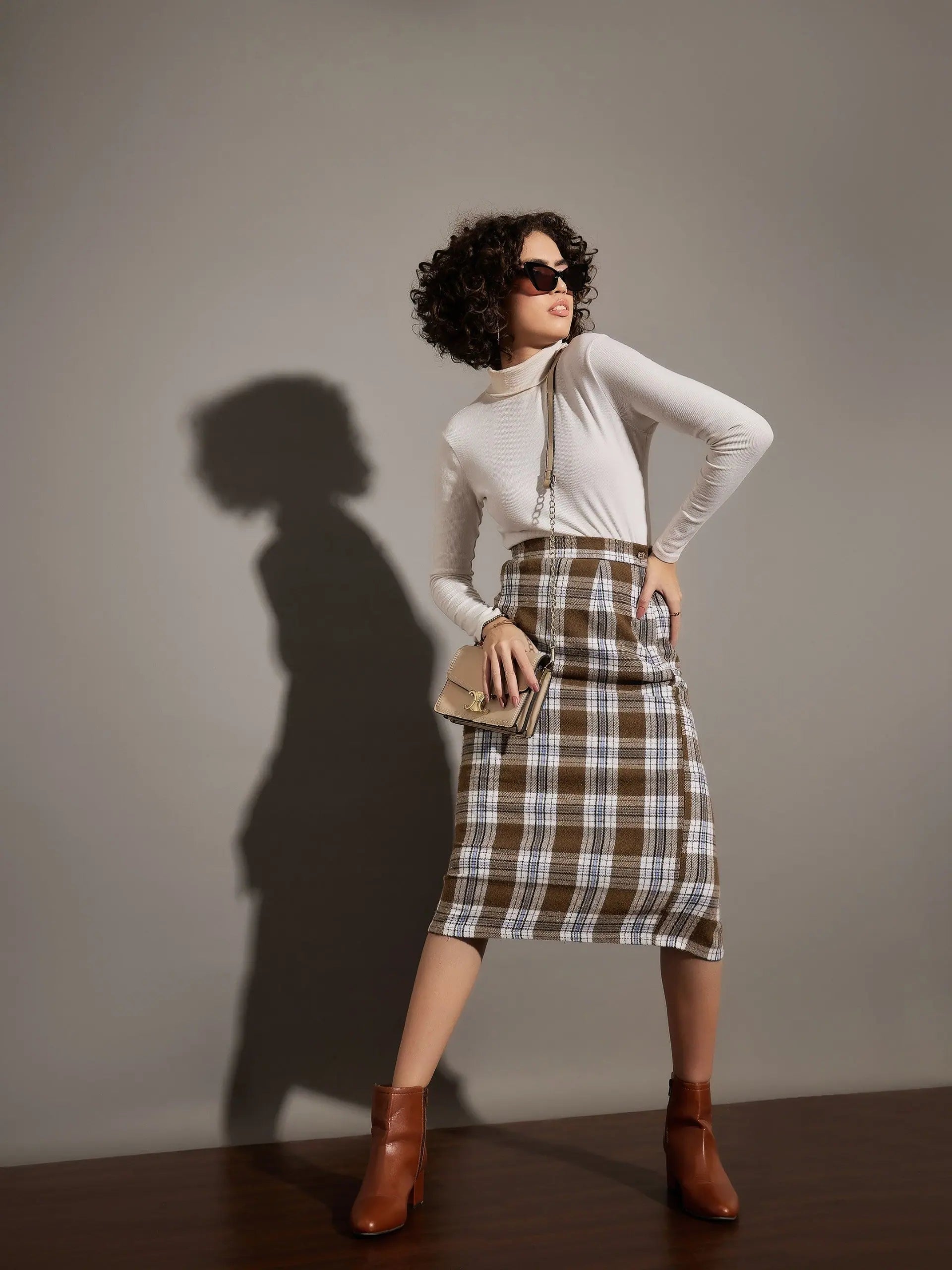 Brown Check Pencil Skirt - Women's Western Clothing Online