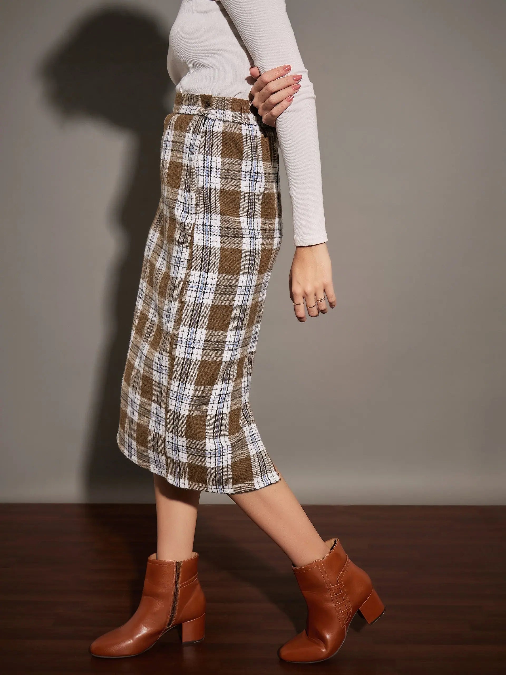 Brown Check Pencil Skirt - Women's Western Clothing Online