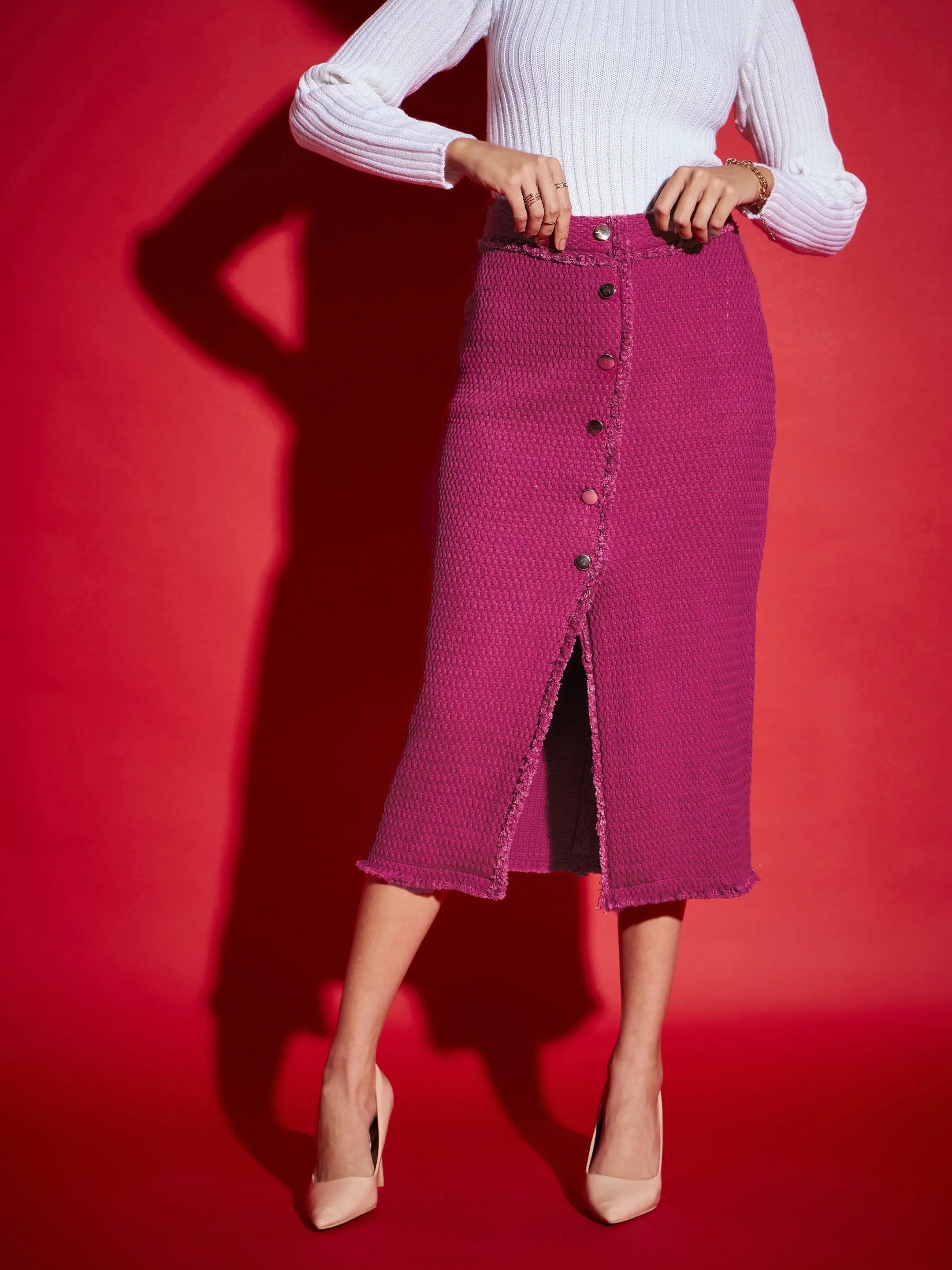 Magenta Tweed Midi Skirt - Women's Western Wear & Clothing
