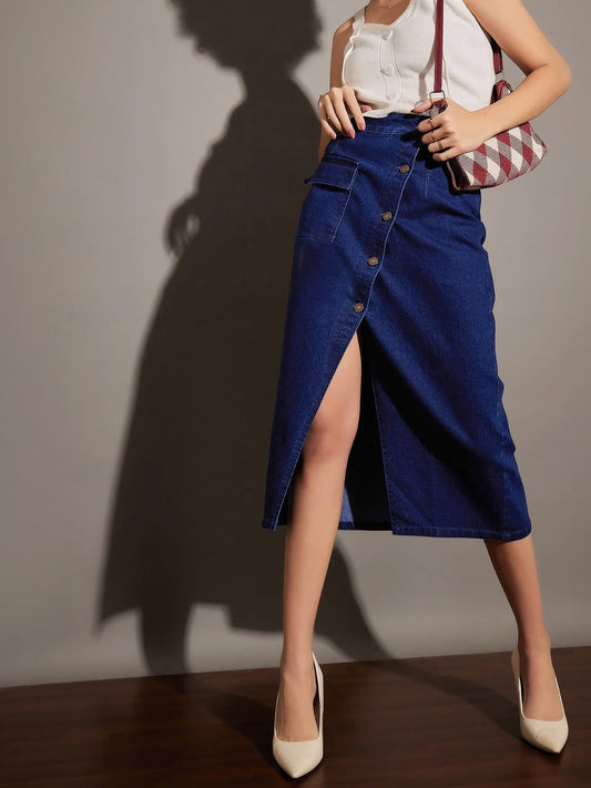 Women Classic Blue Front Button Wrap Skirt 1920
