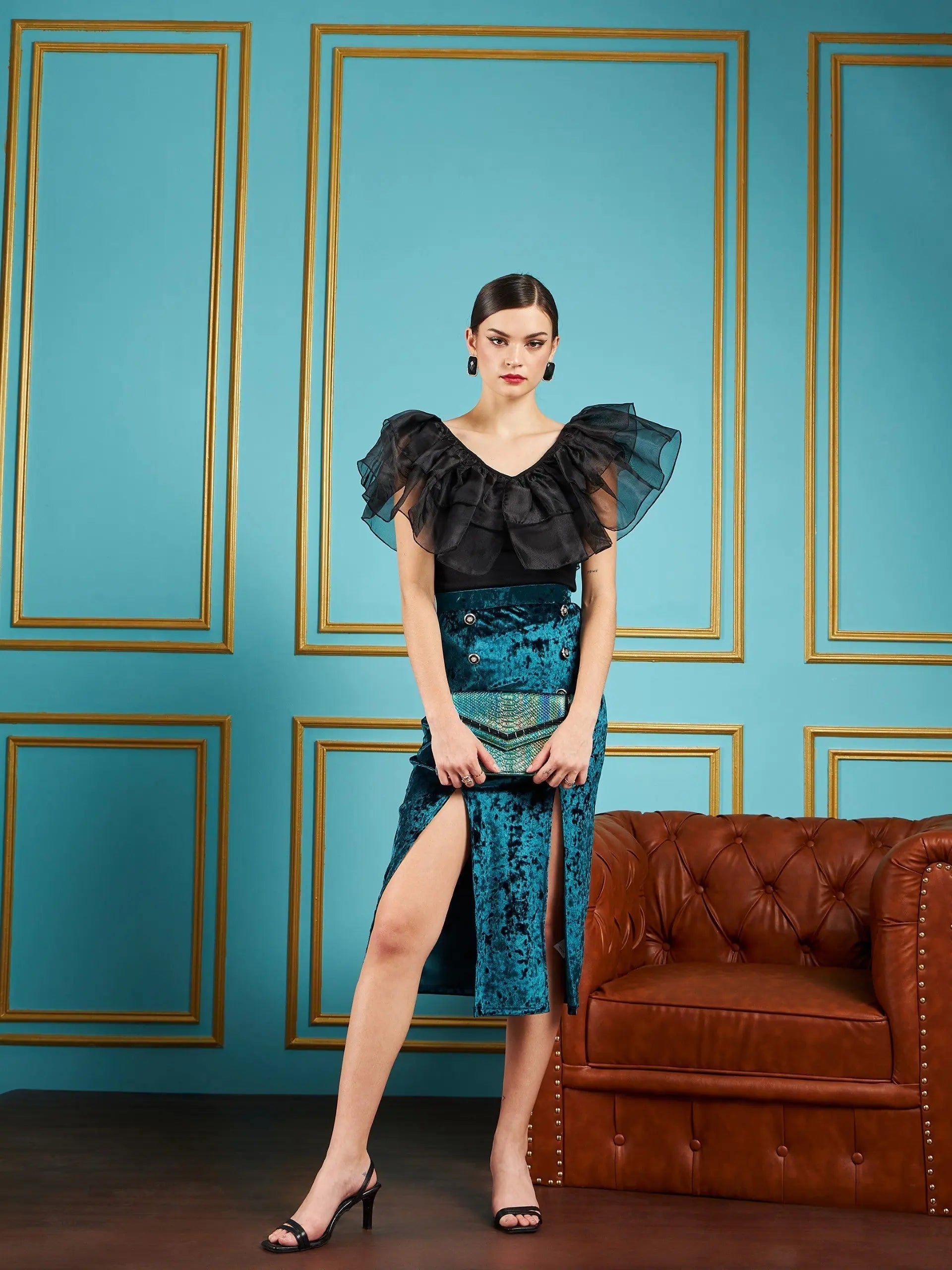 Emerald Velvet Midi Skirt | Women's Skirts Collection
