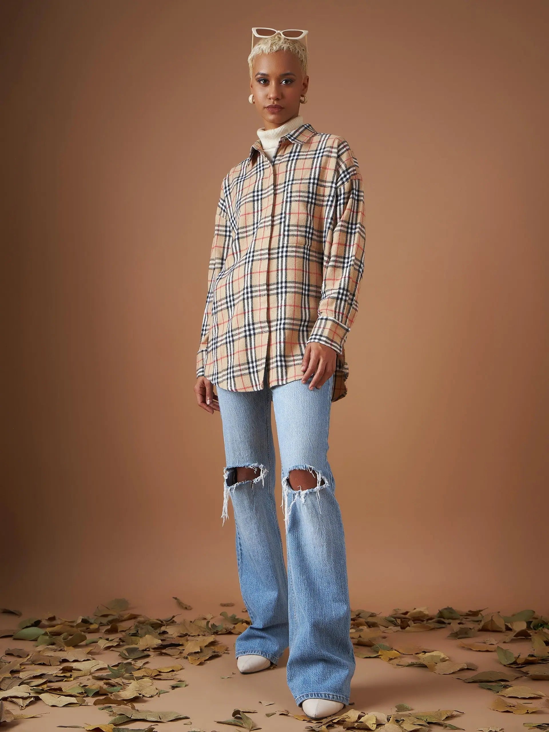 Beige Flannel Check Oversized Shirt - Women's Ethnic Style
