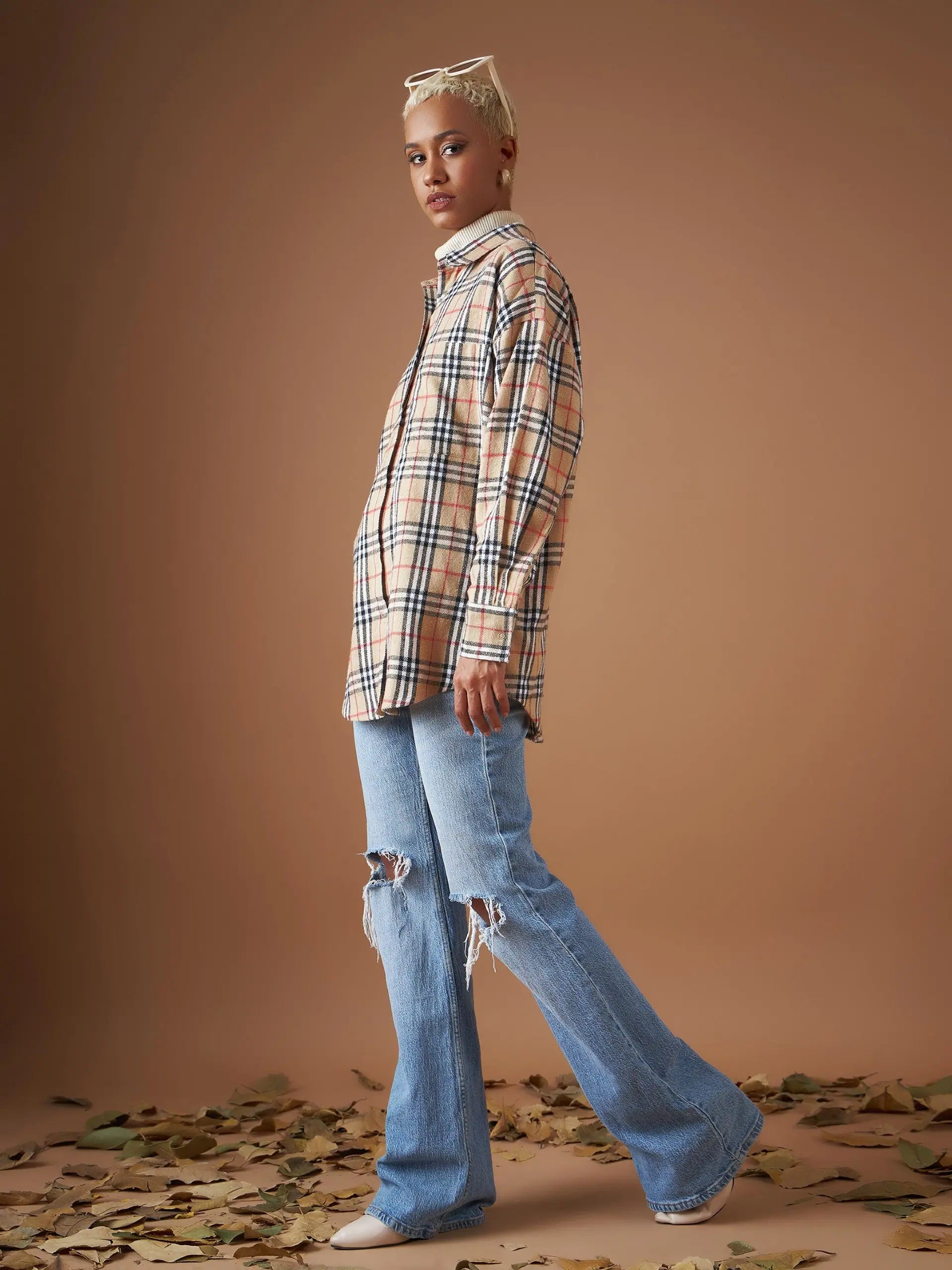 Beige Flannel Check Oversized Shirt - Women's Ethnic Style