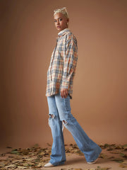Women Beige Flannel Check Oversized Shirt