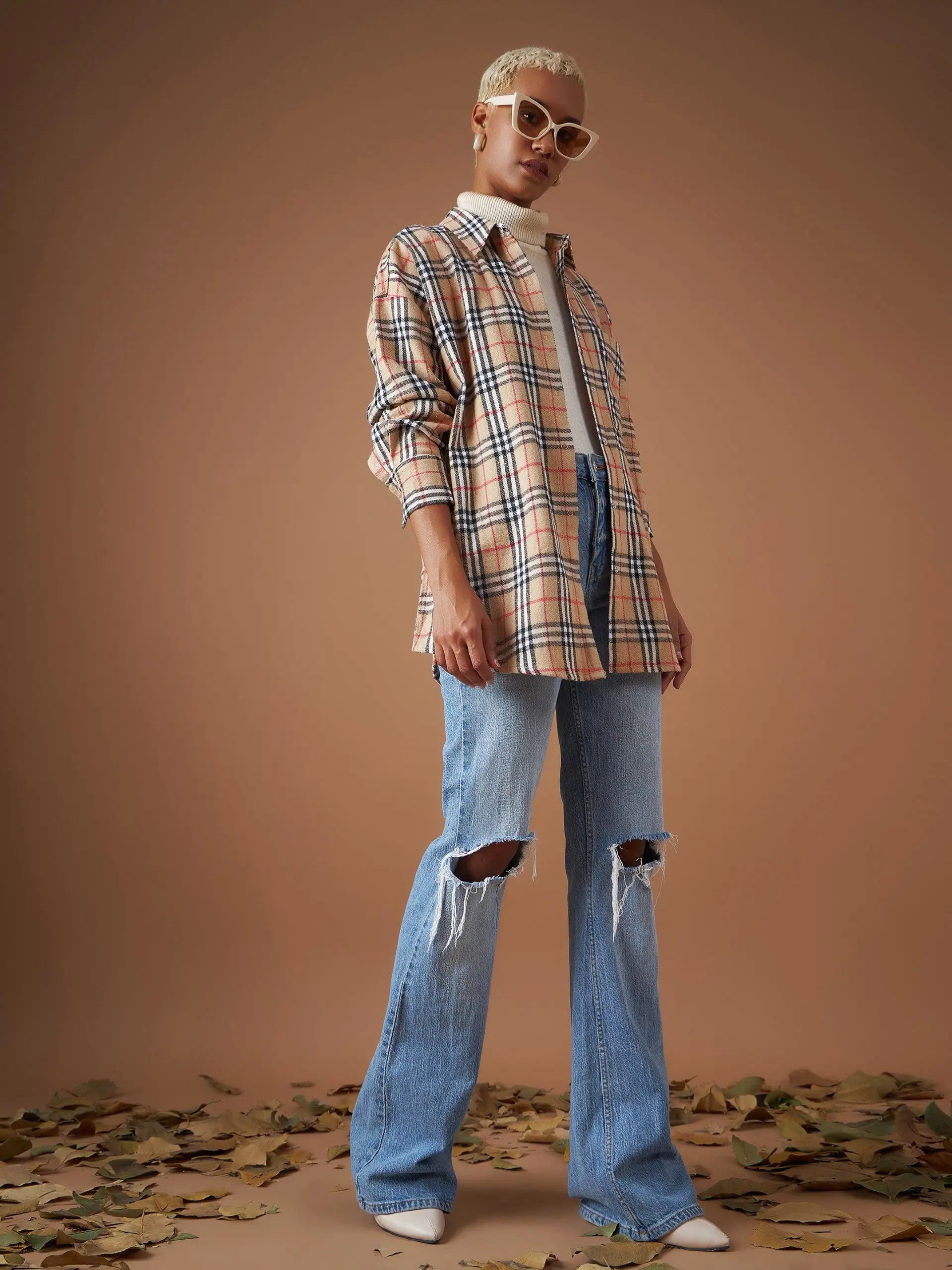 Beige Flannel Check Oversized Shirt - Women's Ethnic Style