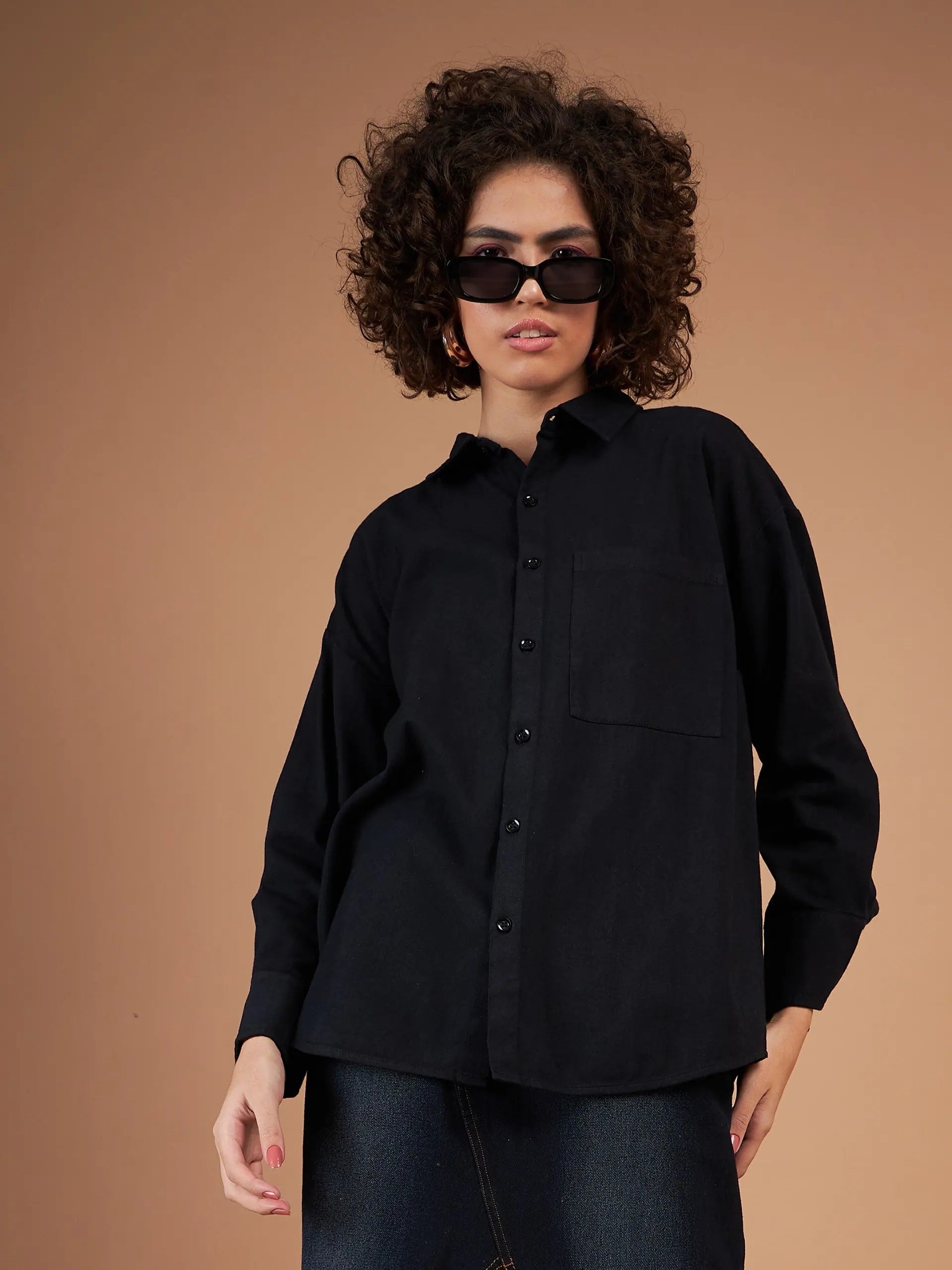 Black Twill Oversized Shirt - Women's Modern Ethnic Style