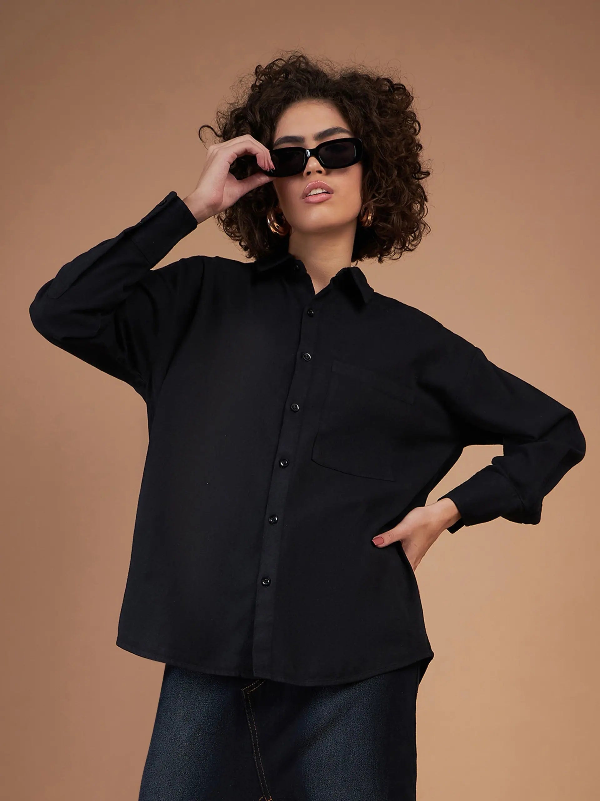 Black Twill Oversized Shirt - Women's Modern Ethnic Style