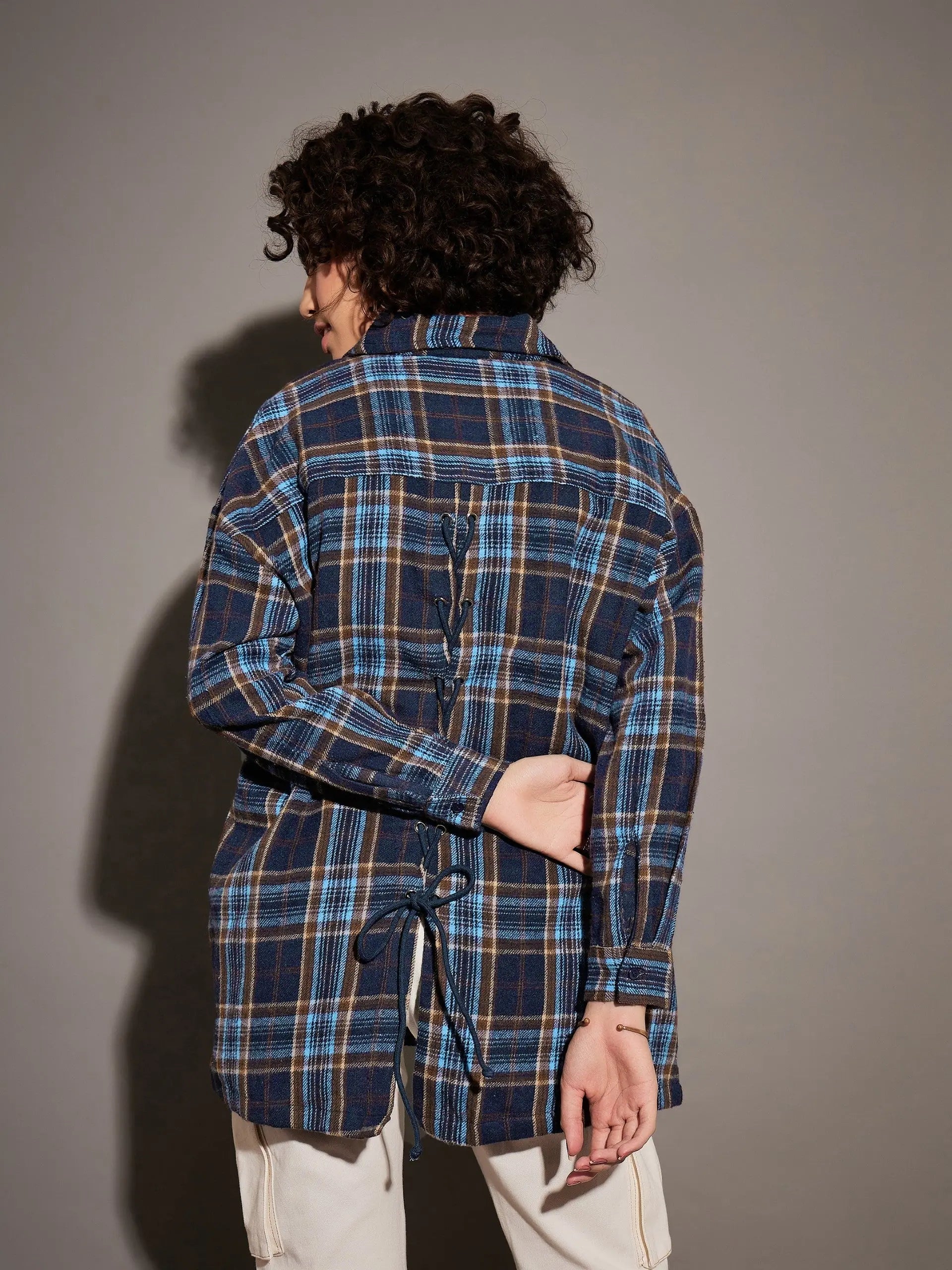 Blue Cris Cross Oversized Shirt - Ethnic Women's Top