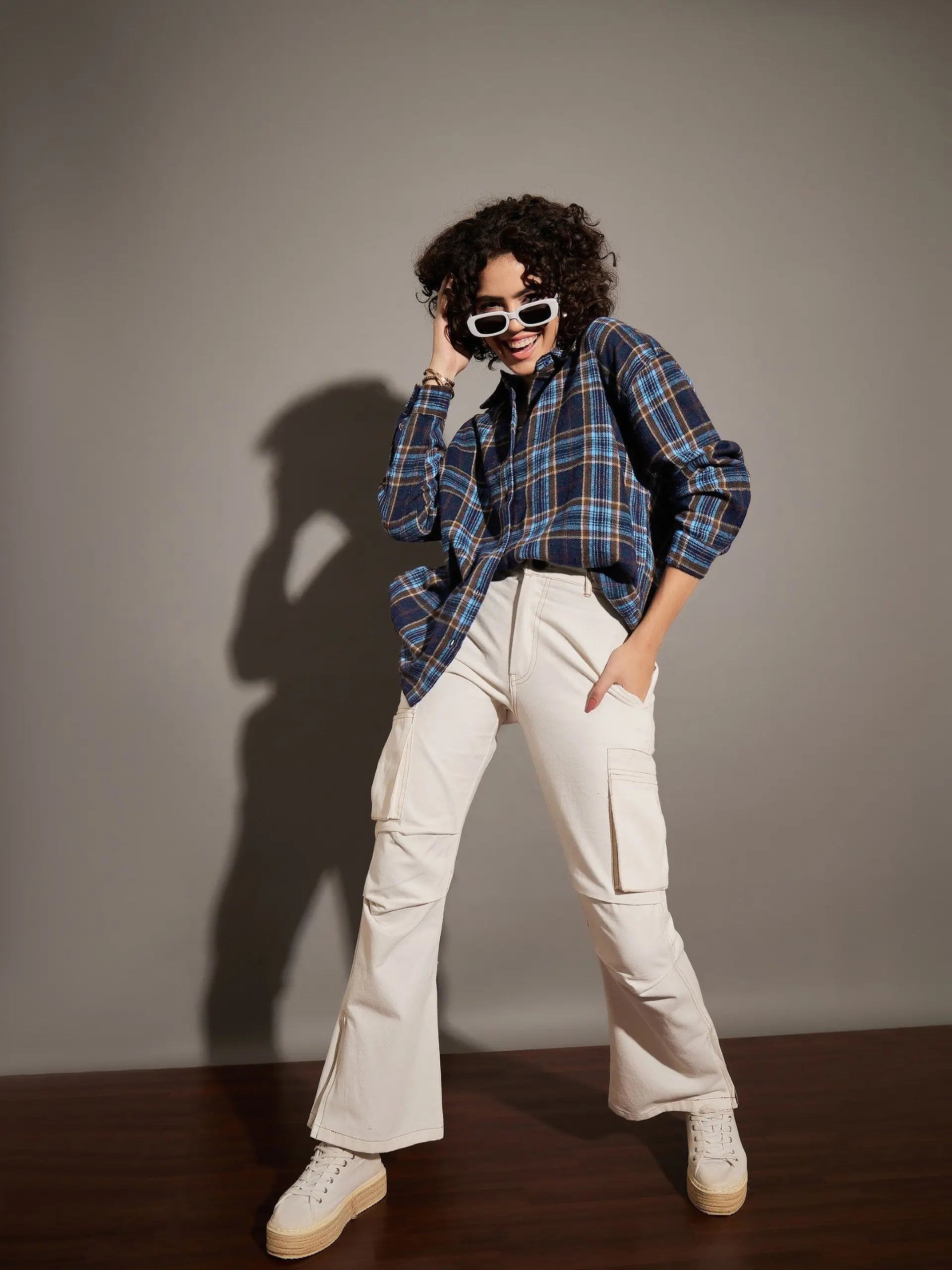 Blue Cris Cross Oversized Shirt - Ethnic Women's Top