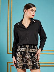 Women Black Poplin Collar Studded Regular Shirt