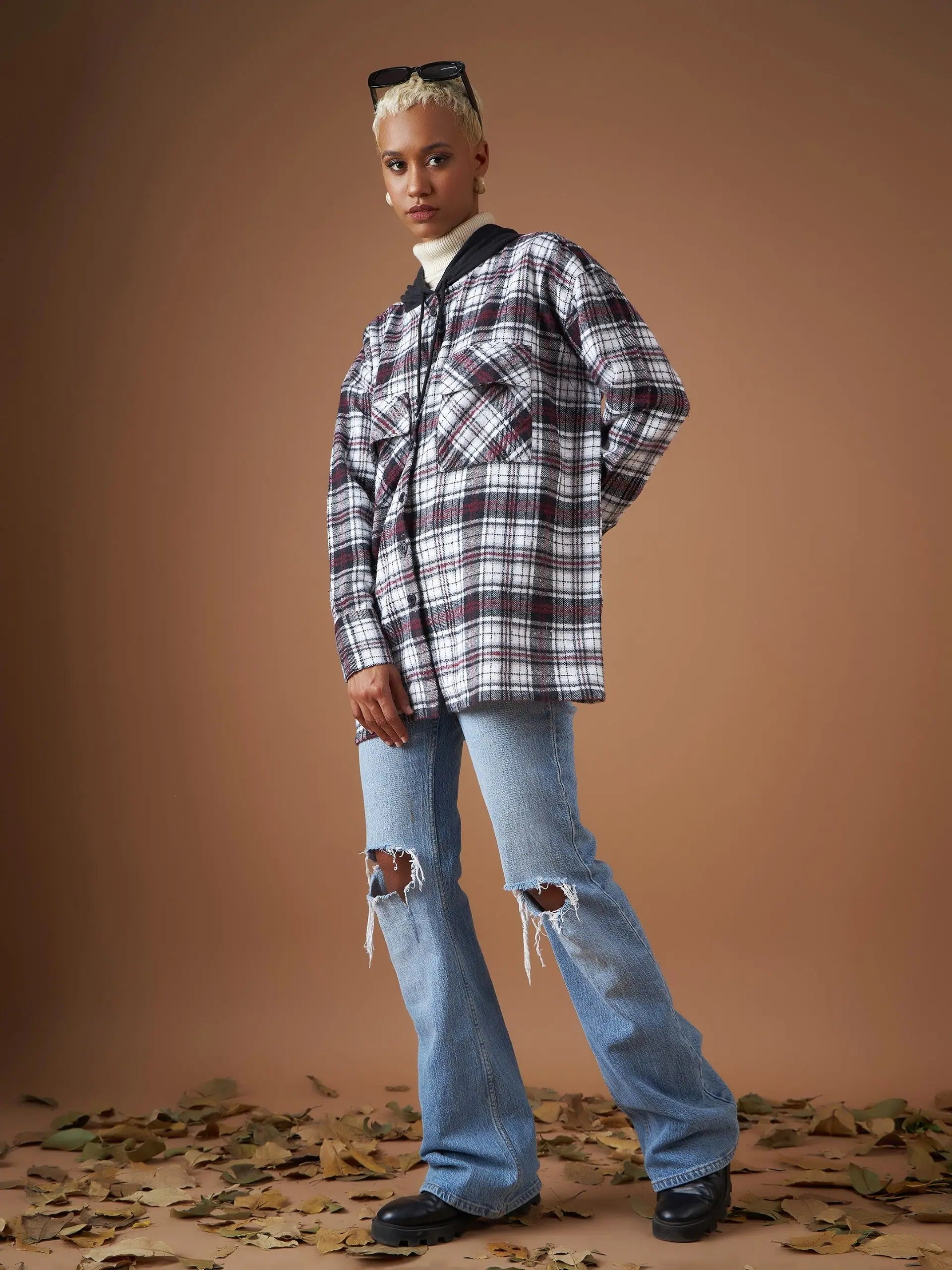 White Check Hooded Oversized Shirt | Women's Cotton Casual Wear