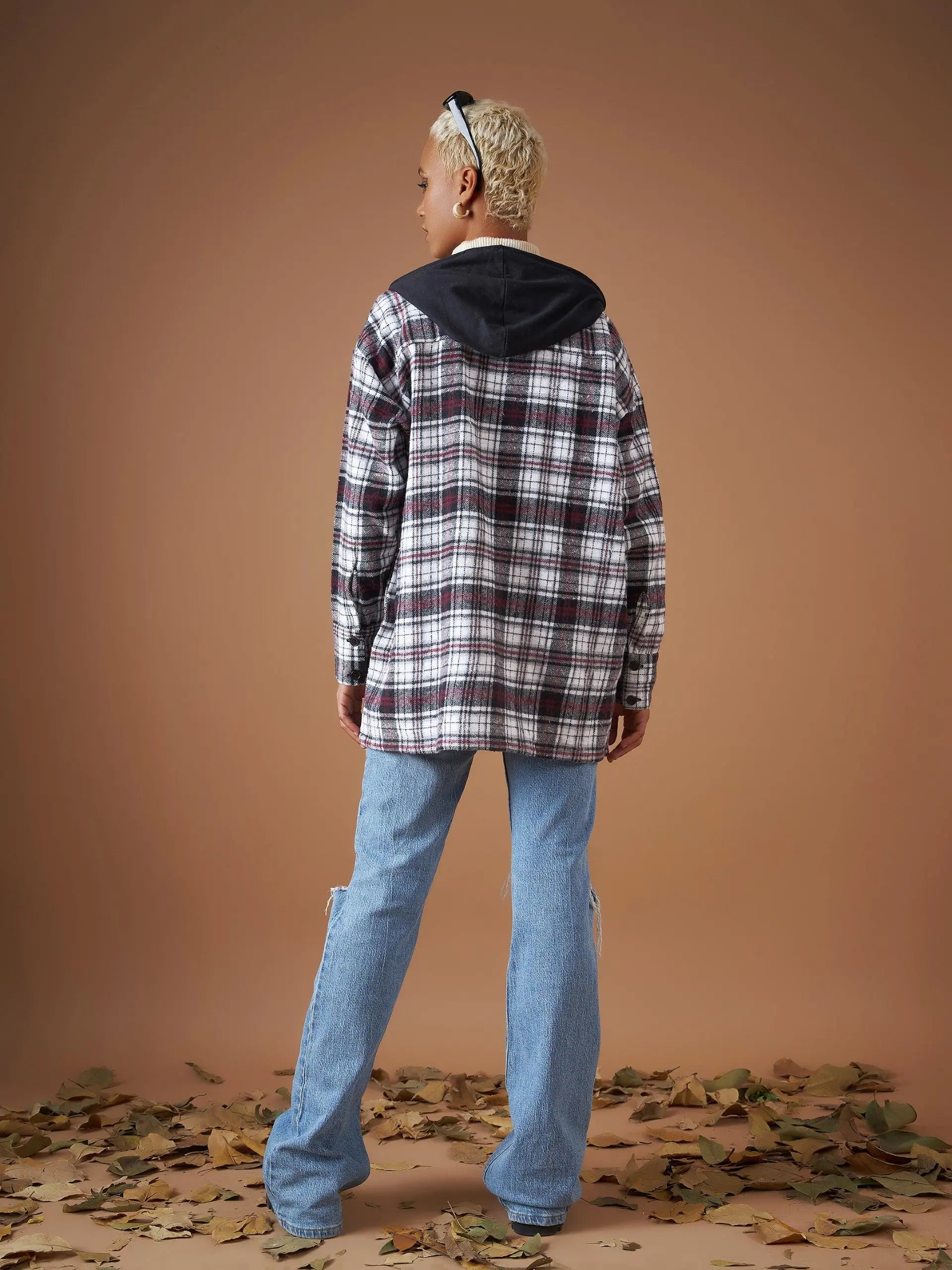 White Check Hooded Oversized Shirt | Women's Cotton Casual Wear