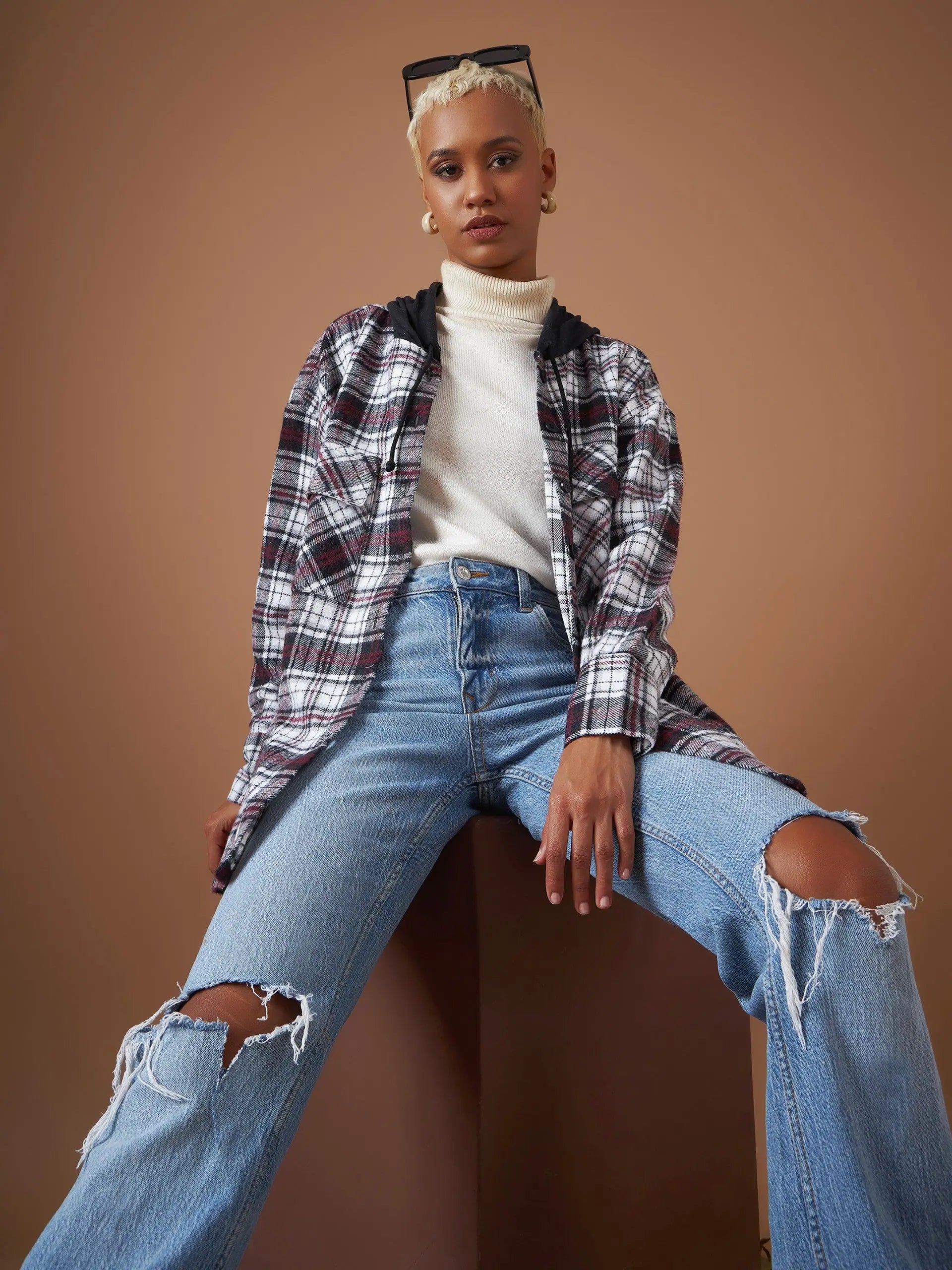 White Check Hooded Oversized Shirt | Women's Cotton Casual Wear