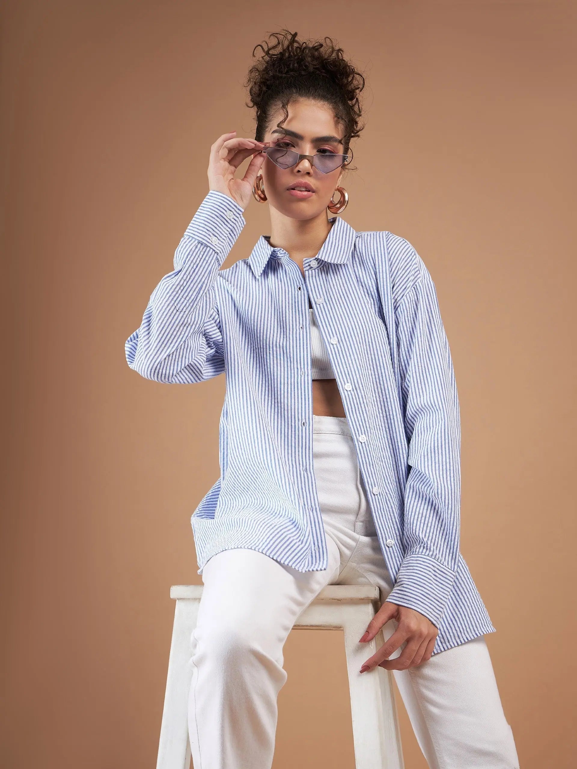 Blue & White Striped Oversized Shirt | Women's Cotton Top