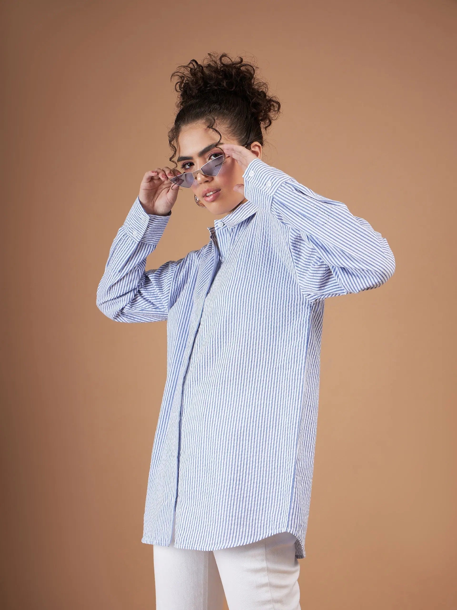 Blue & White Striped Oversized Shirt | Women's Cotton Top