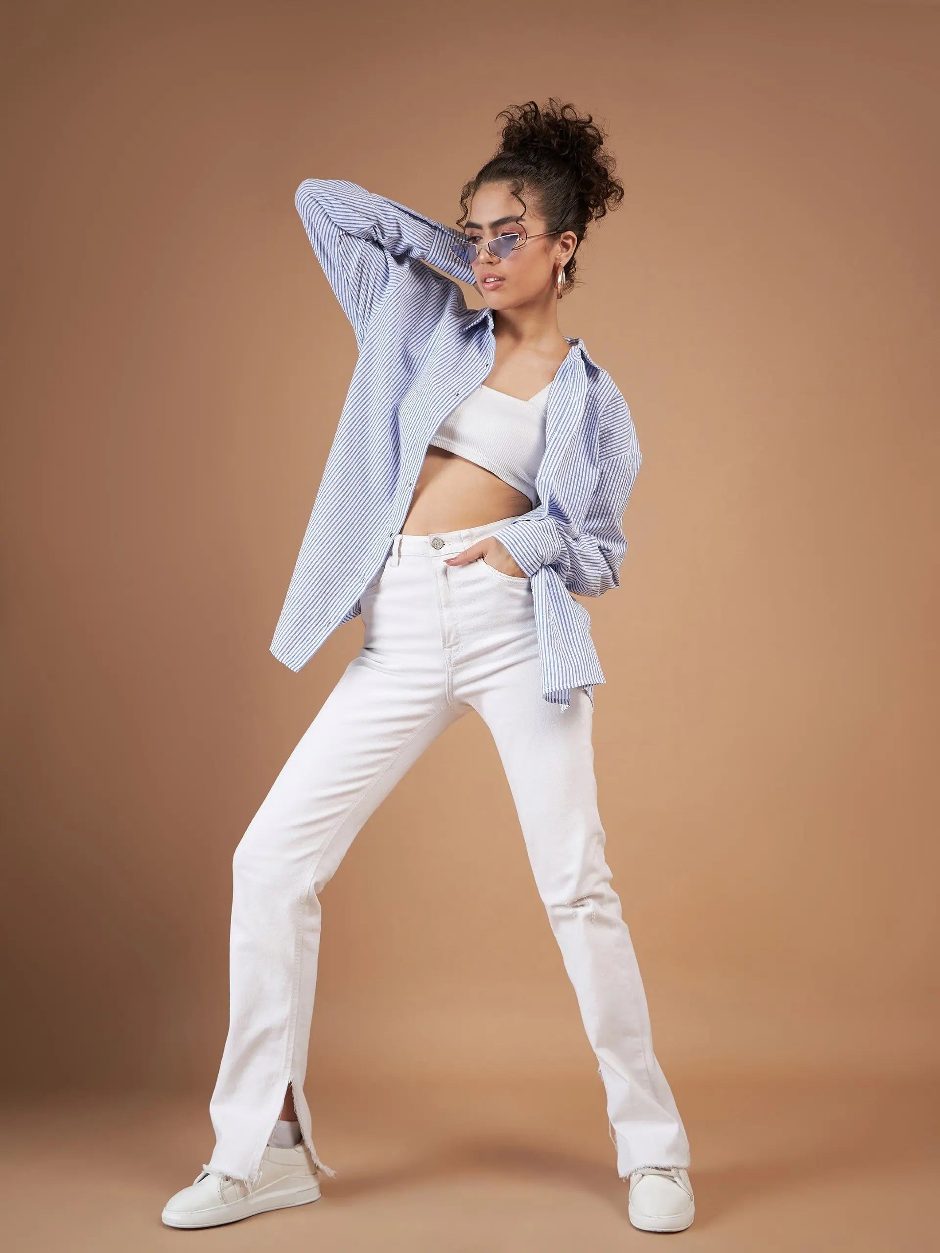 Blue & White Striped Oversized Shirt | Women's Cotton Top