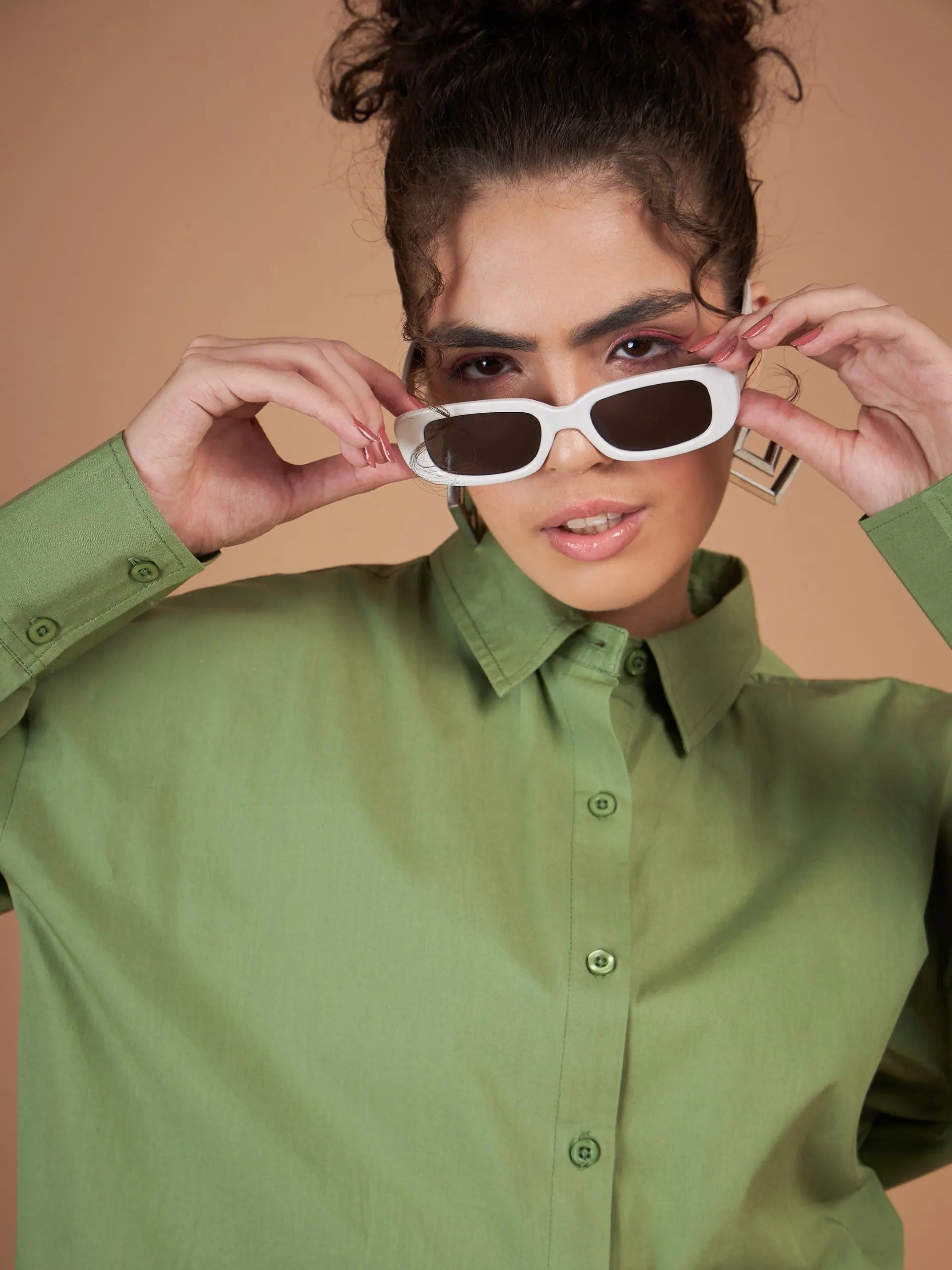 Olive Cotton Poplin Oversized Shirt for Women