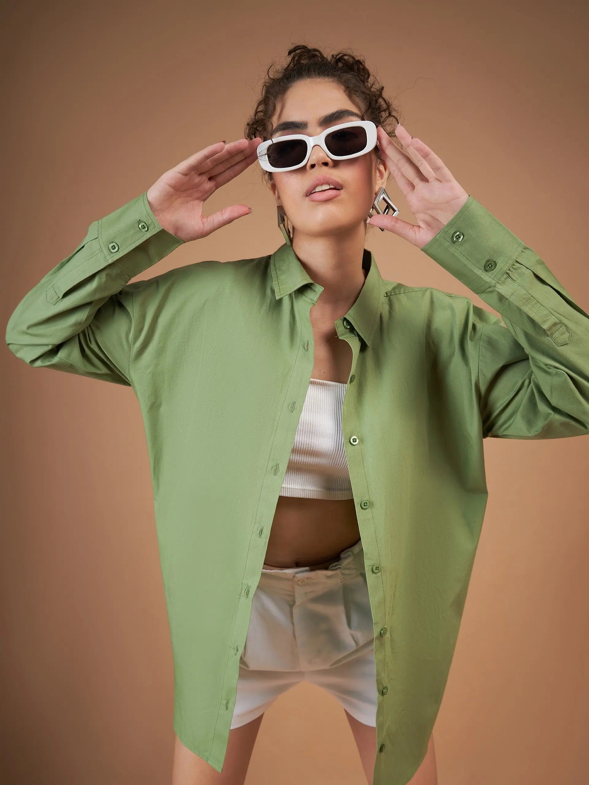 Olive Cotton Poplin Oversized Shirt for Women