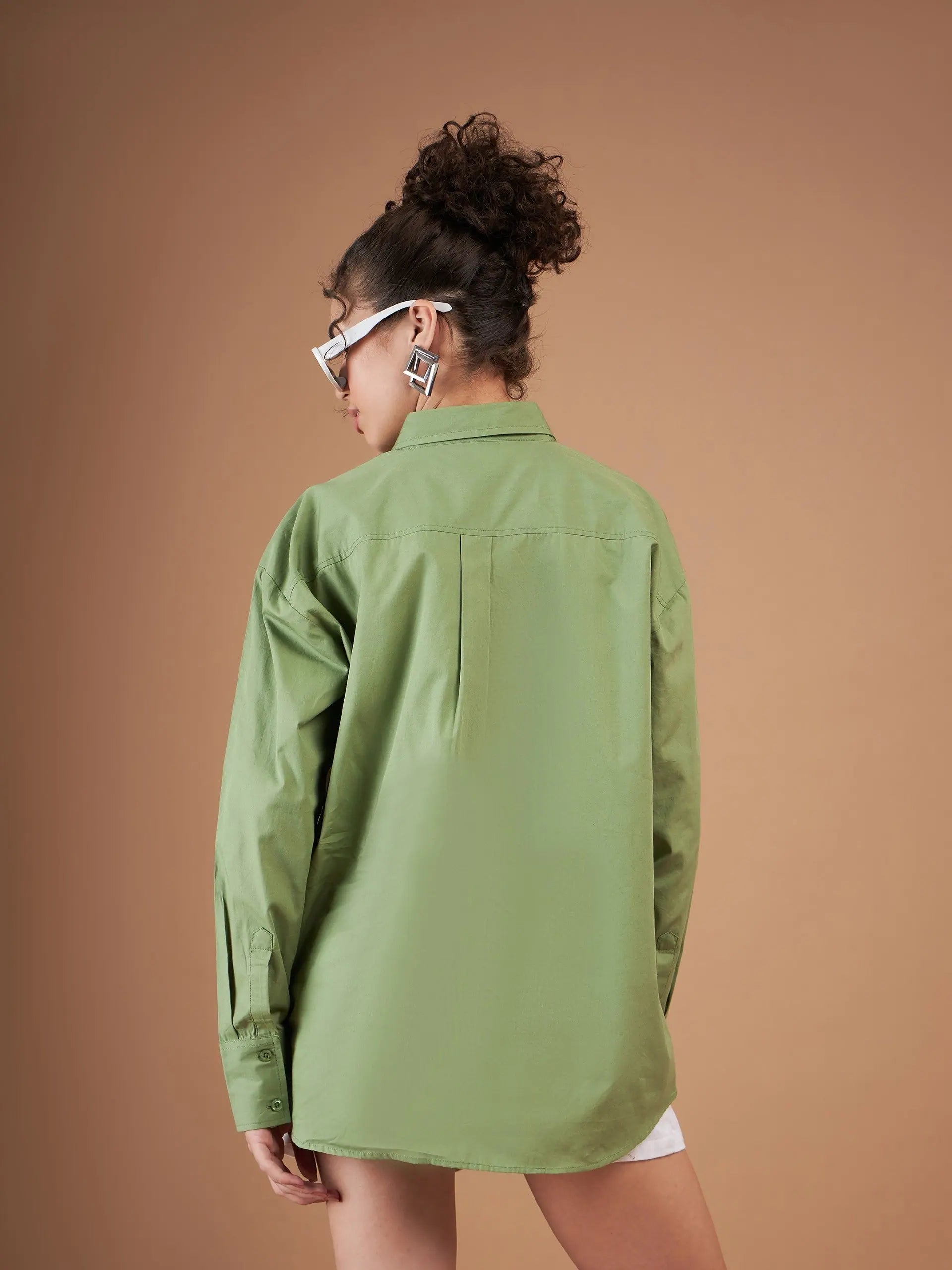 Olive Cotton Poplin Oversized Shirt for Women