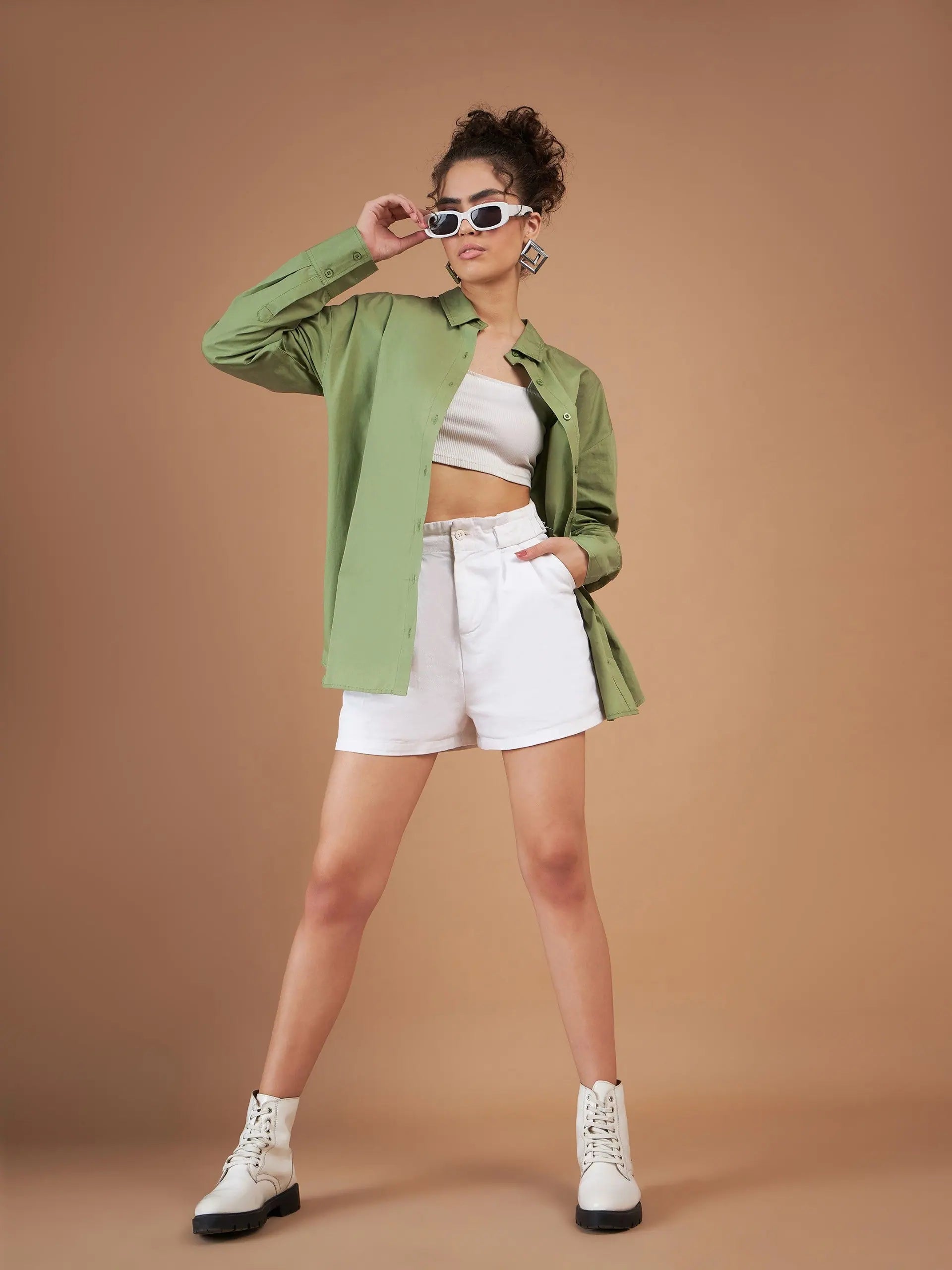 Olive Cotton Poplin Oversized Shirt for Women