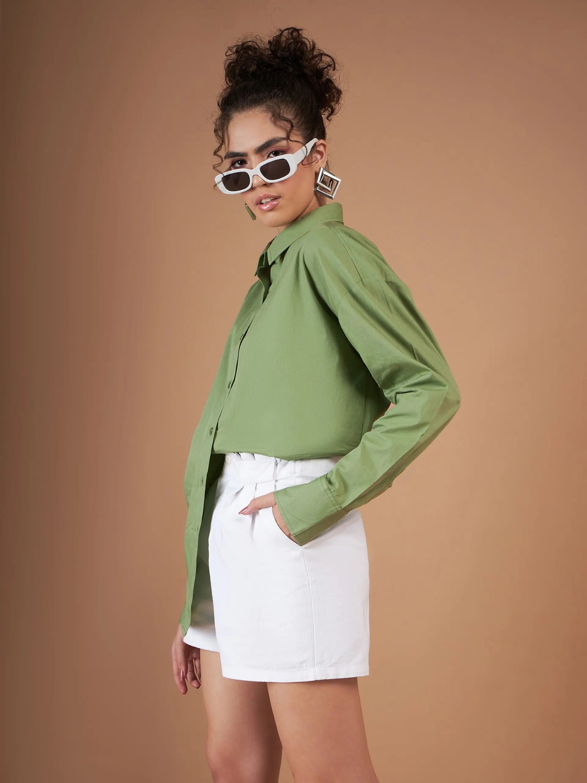 Olive Cotton Poplin Oversized Shirt for Women