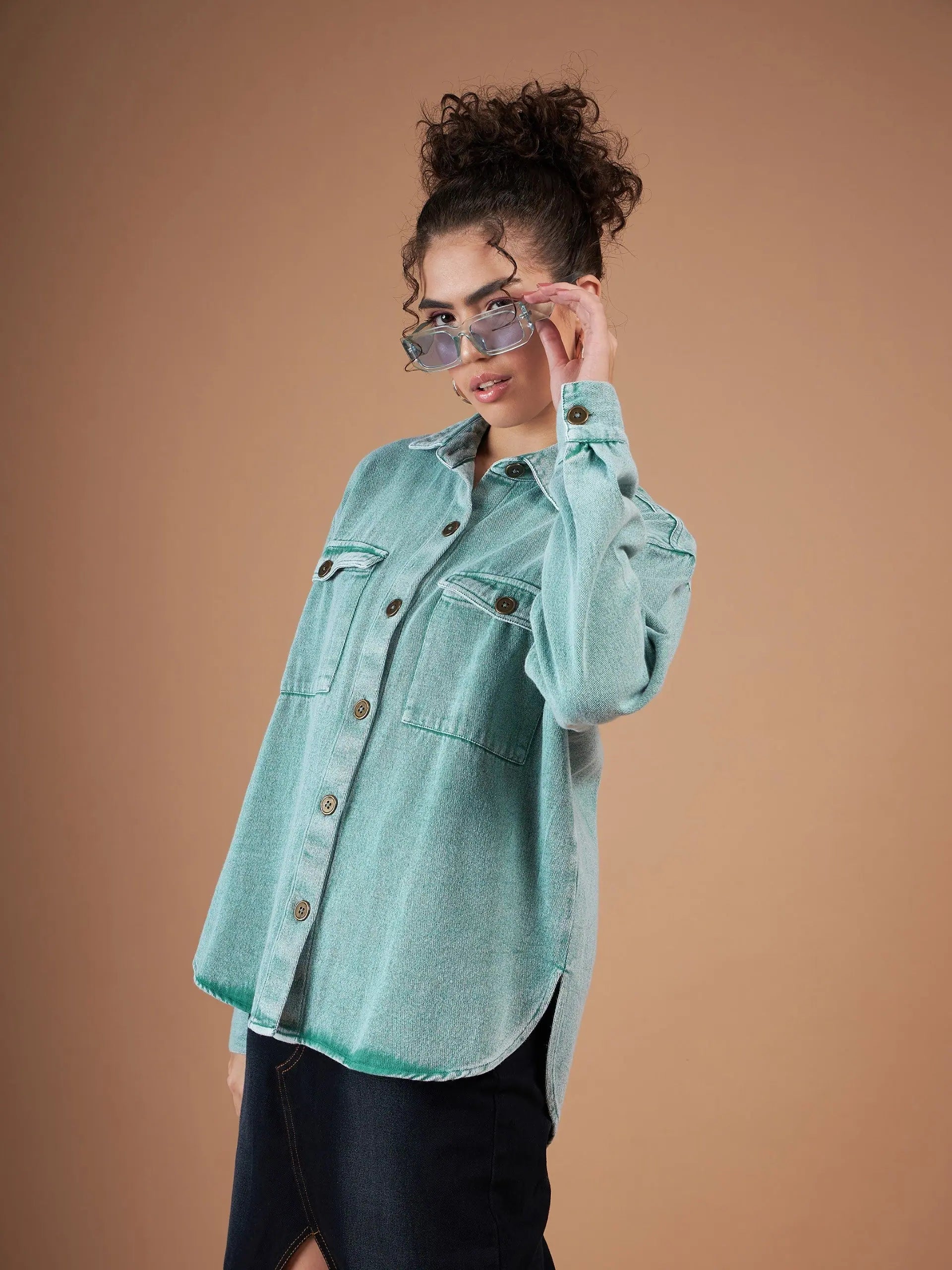 Green Denim Shacket - Women's Fashion Jacket, Cotton Outerwear