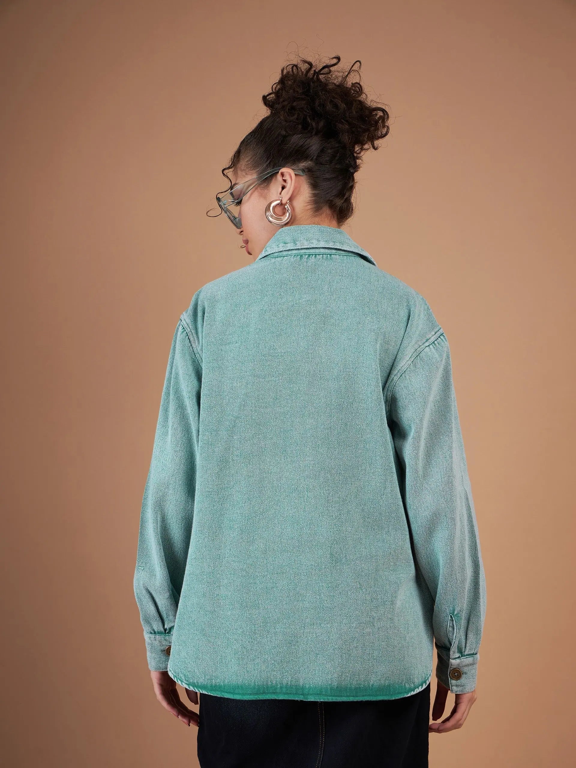 Green Denim Shacket - Women's Fashion Jacket, Cotton Outerwear
