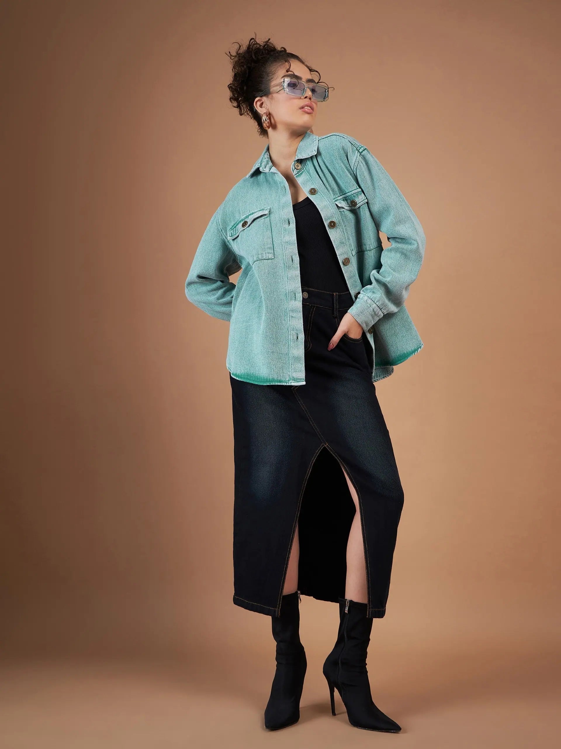 Green Denim Shacket - Women's Fashion Jacket, Cotton Outerwear