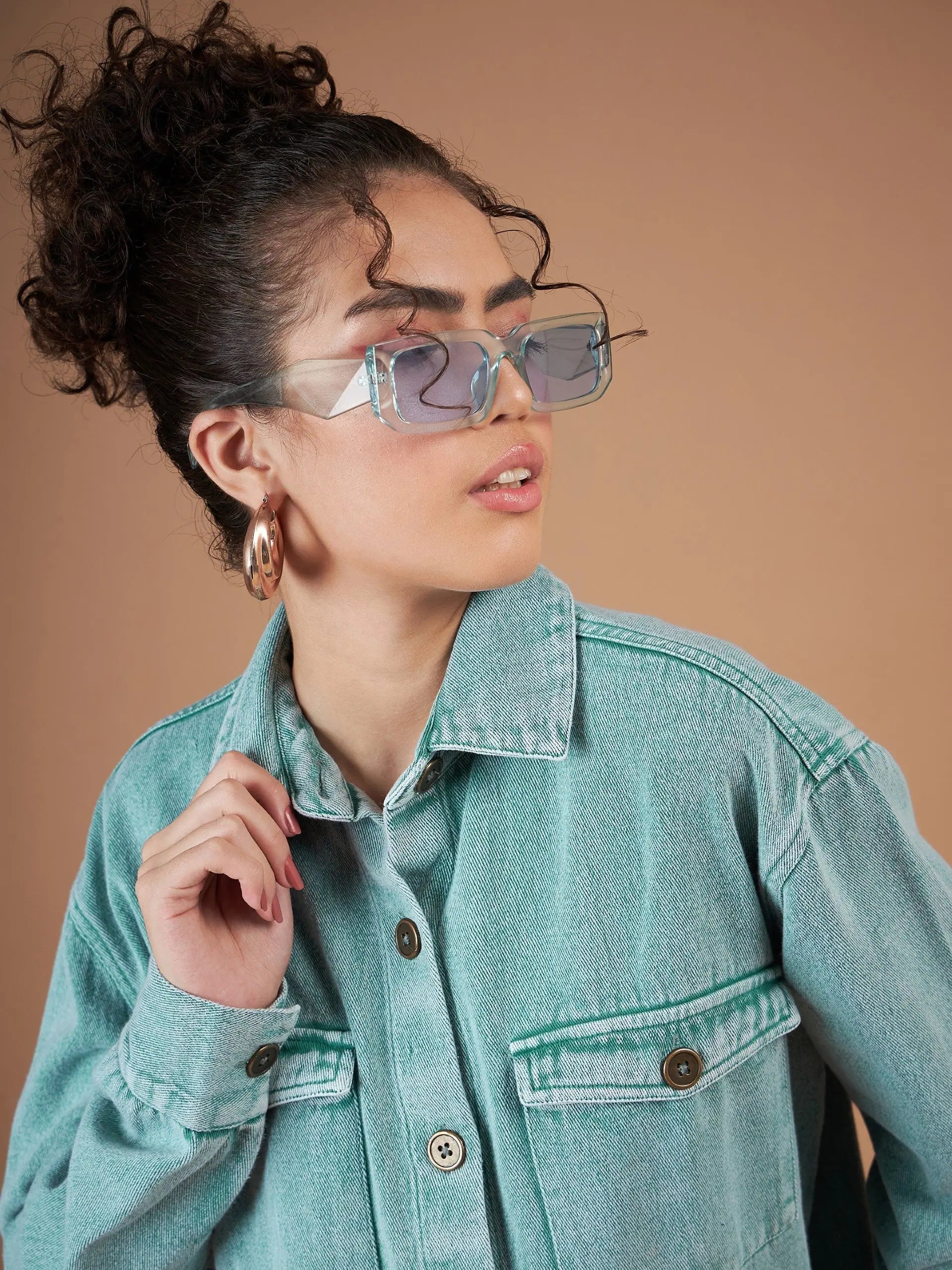 Green Denim Shacket - Women's Fashion Jacket, Cotton Outerwear