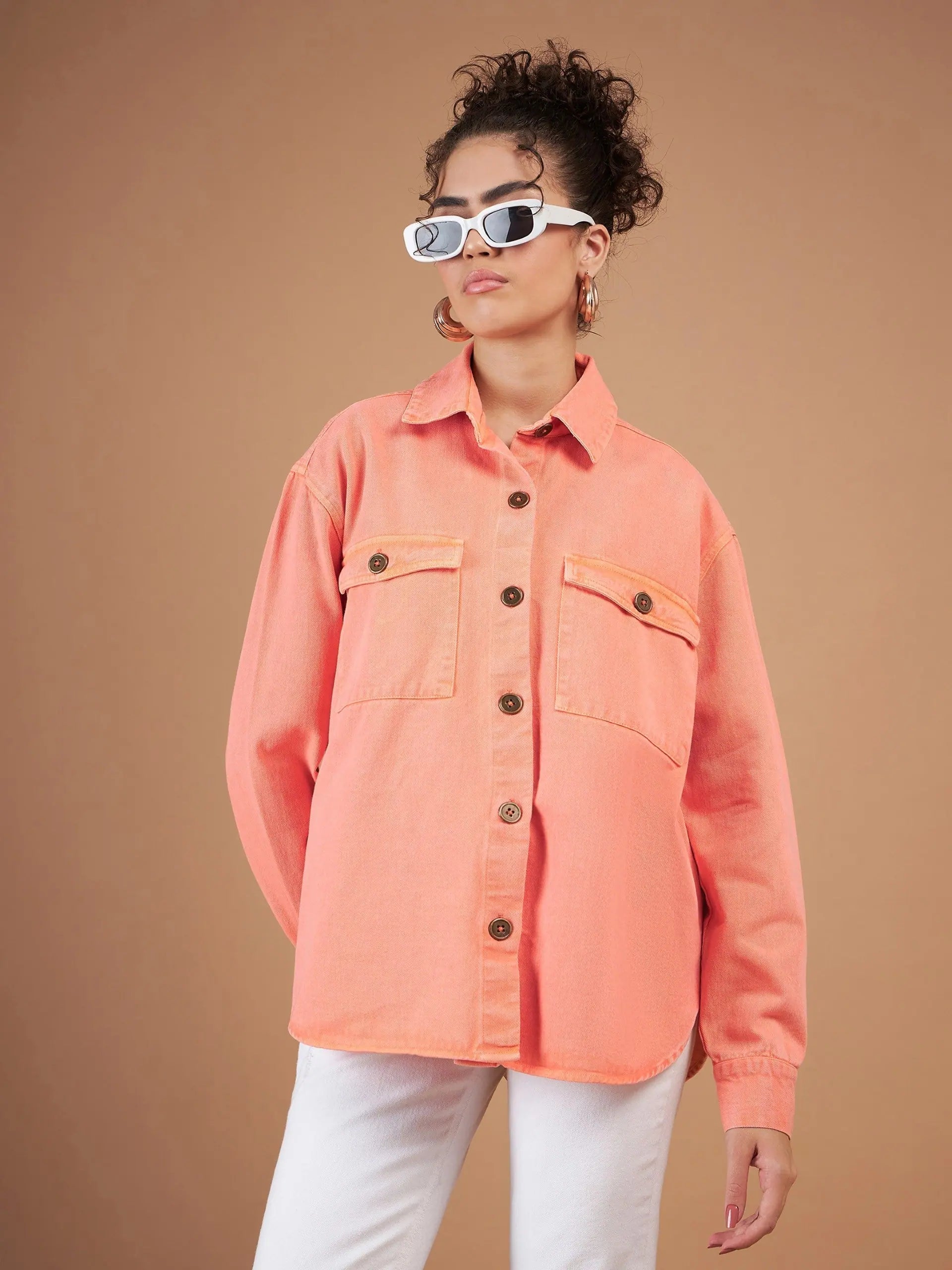 Orange Denim Shacket - Women's Cotton Jacket, Trendy Outerwear