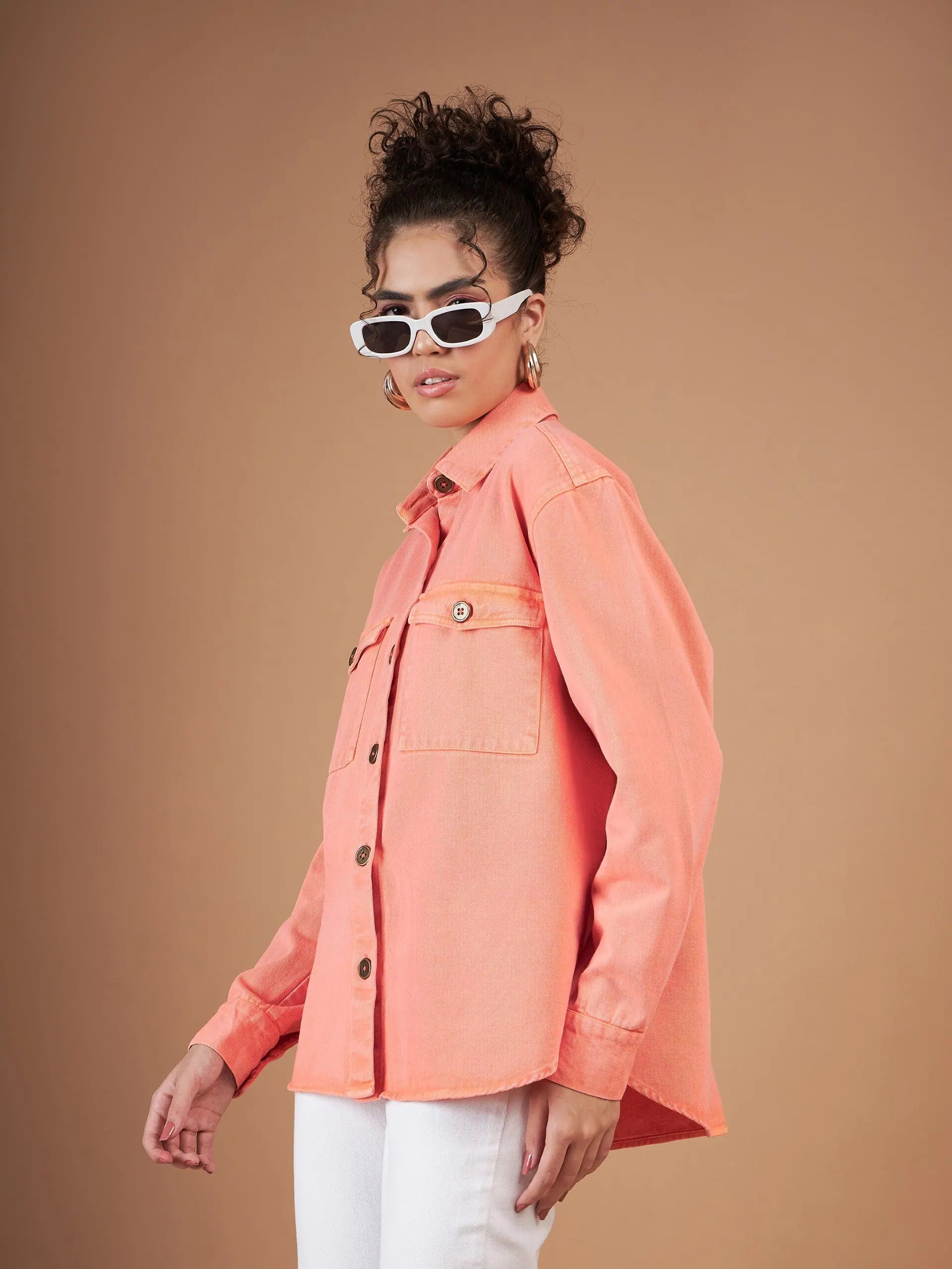 Orange Denim Shacket - Women's Cotton Jacket, Trendy Outerwear