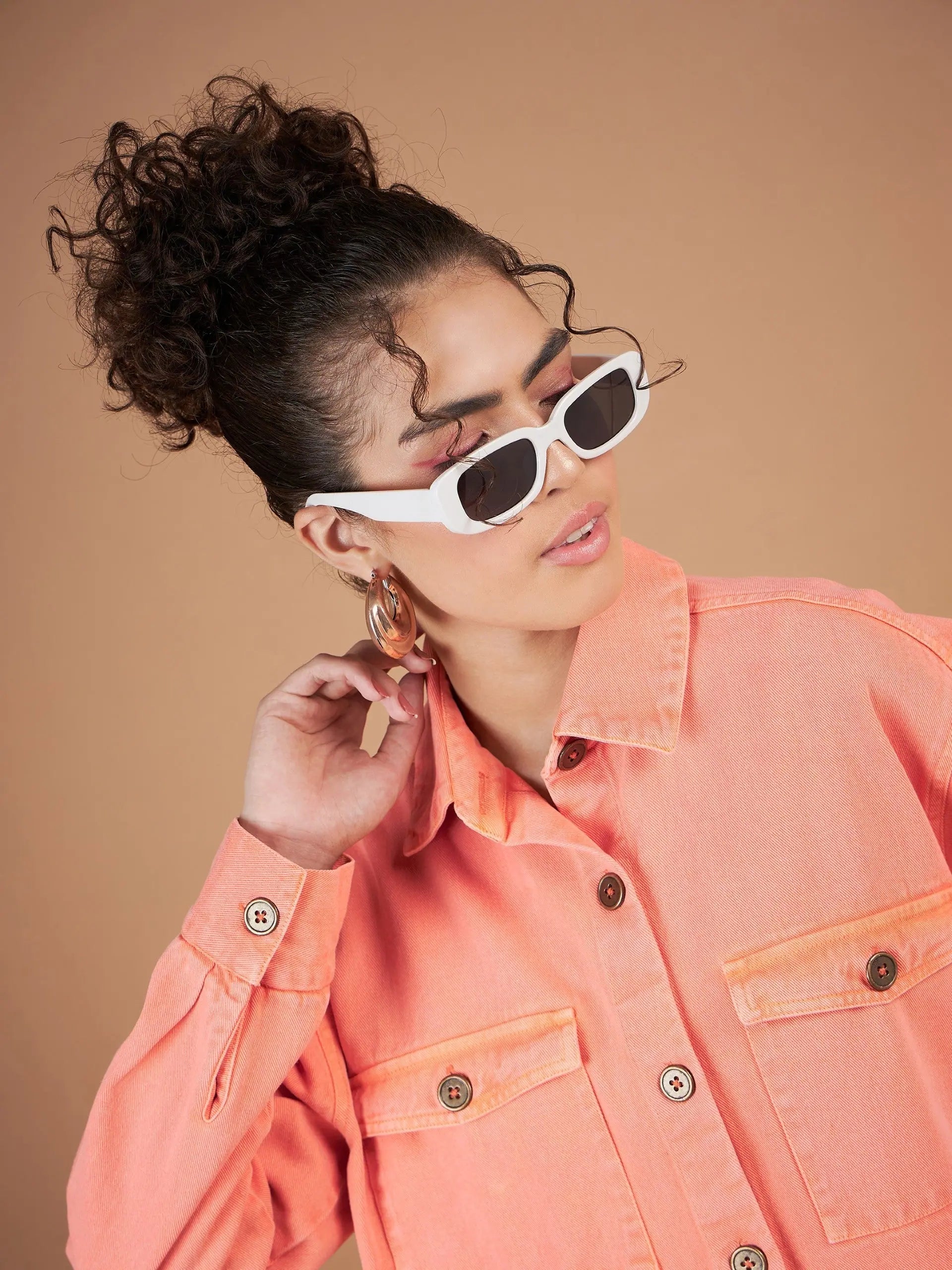 Orange Denim Shacket - Women's Cotton Jacket, Trendy Outerwear