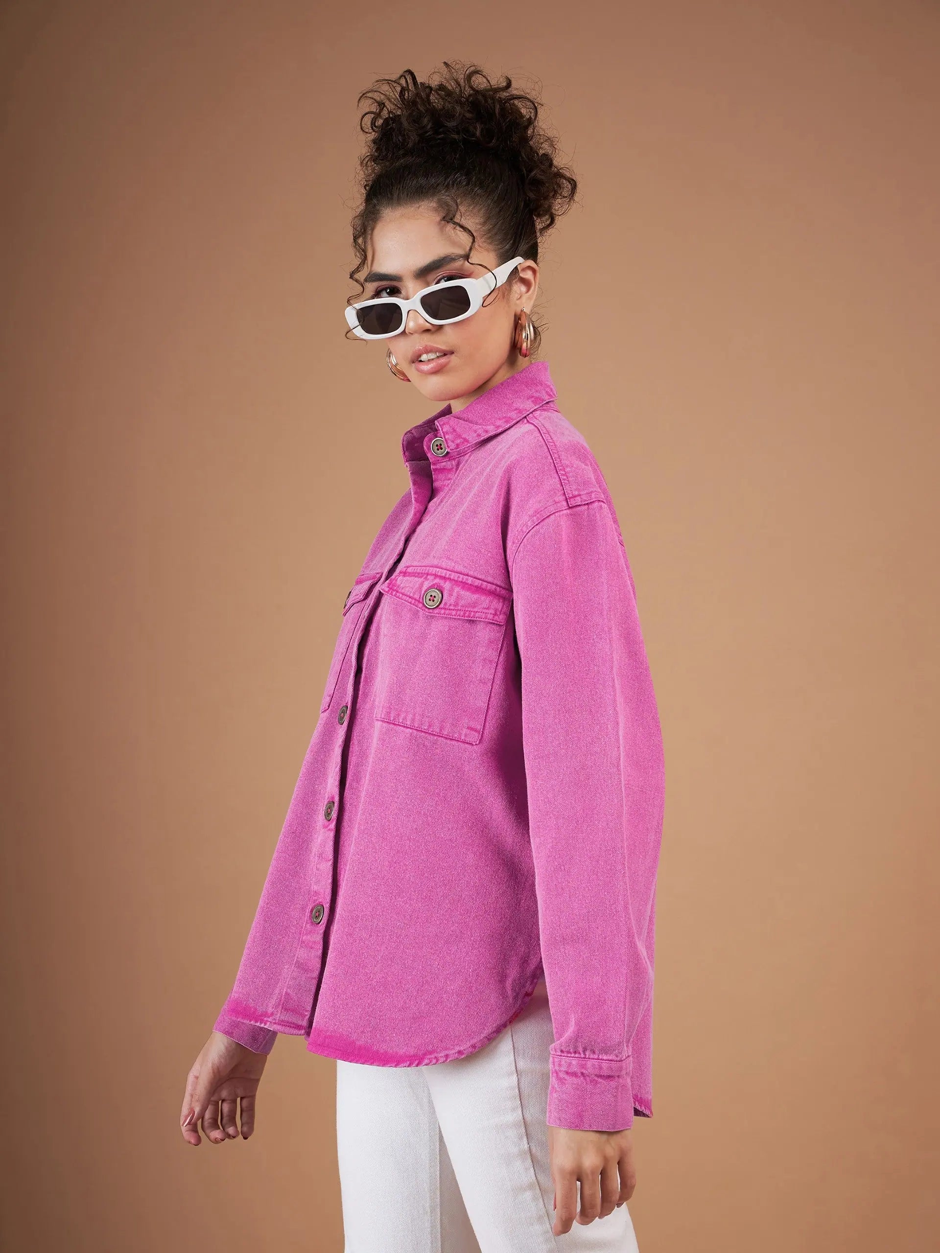 Pink Denim Shacket - Women's Fashion Jacket, Cotton Outerwear