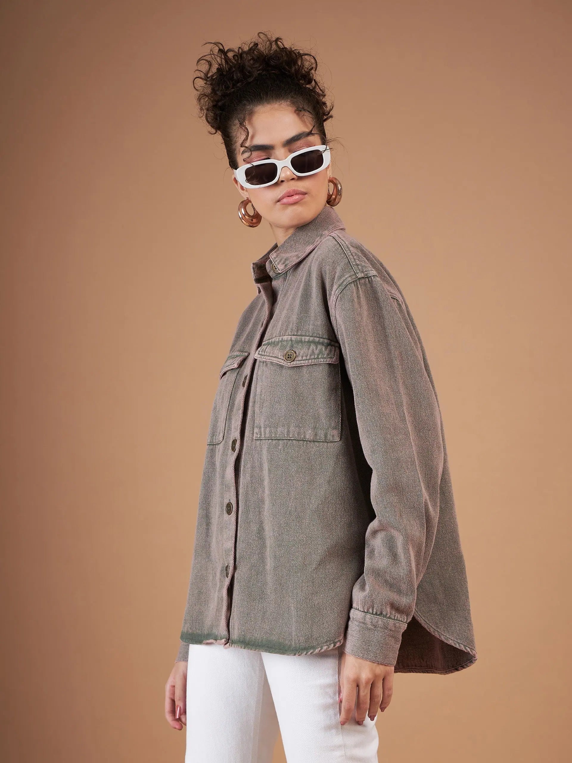 Beige Denim Shacket - Women's Cotton Jacket, Trendy Outerwear