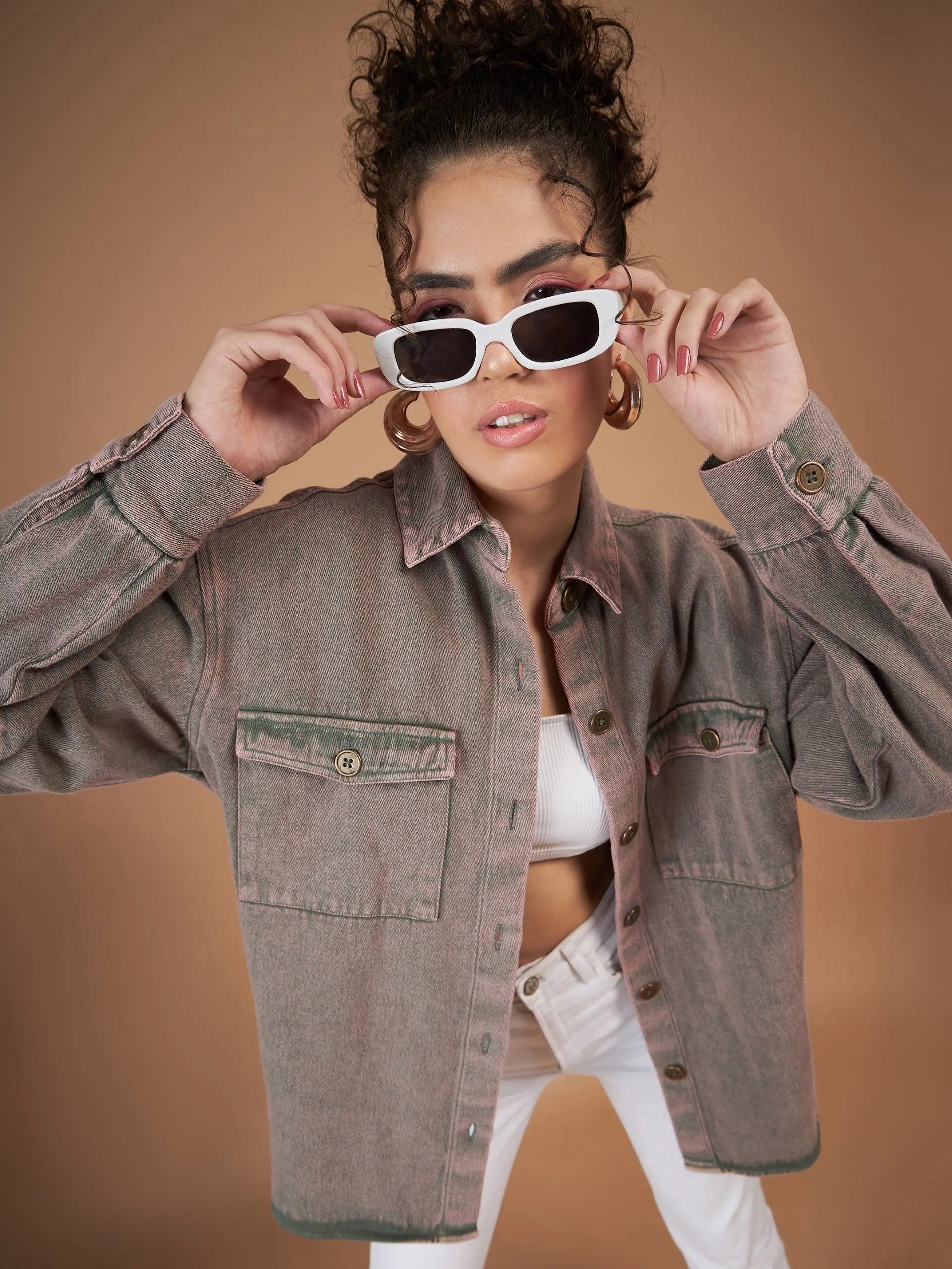 Beige Denim Shacket - Women's Cotton Jacket, Trendy Outerwear