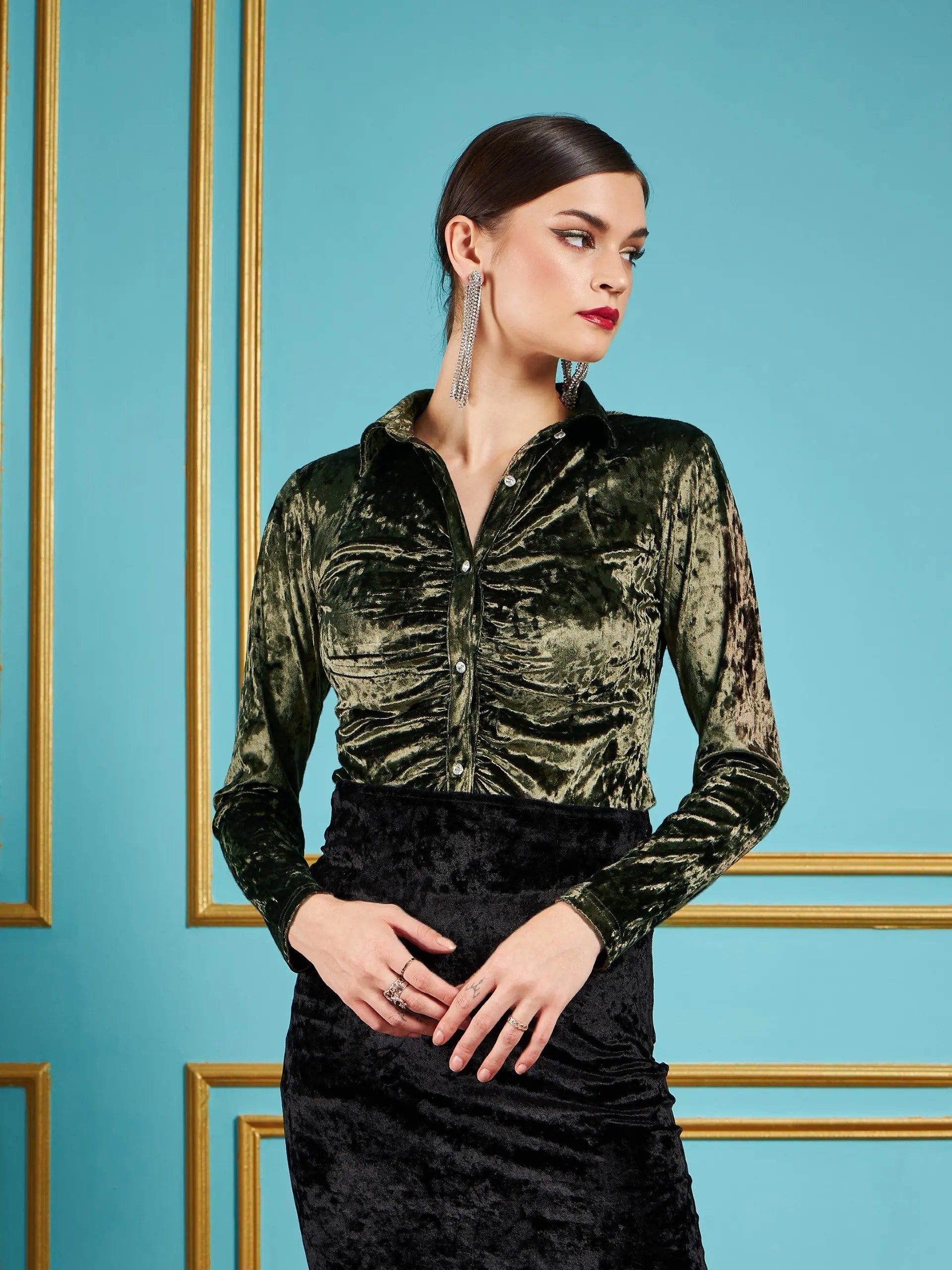 Olive Velvet Ruched Shirt | Slim Fit Women's Top