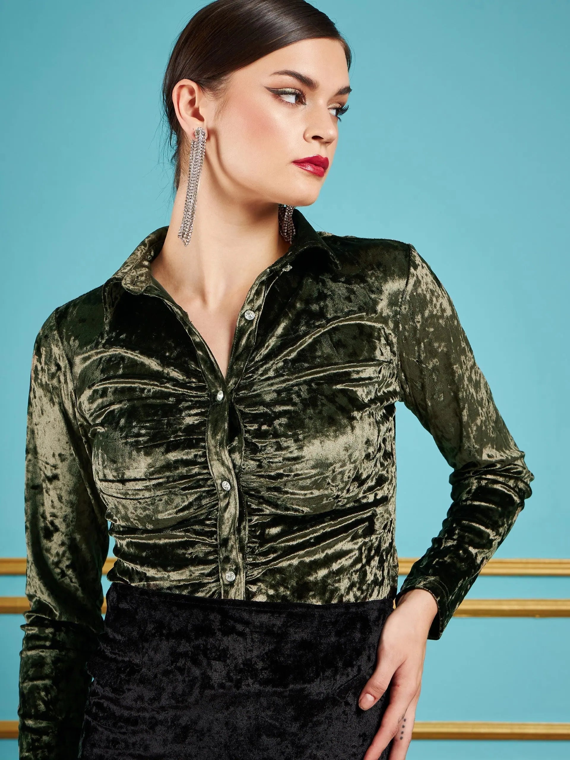 Olive Velvet Ruched Shirt | Slim Fit Women's Top