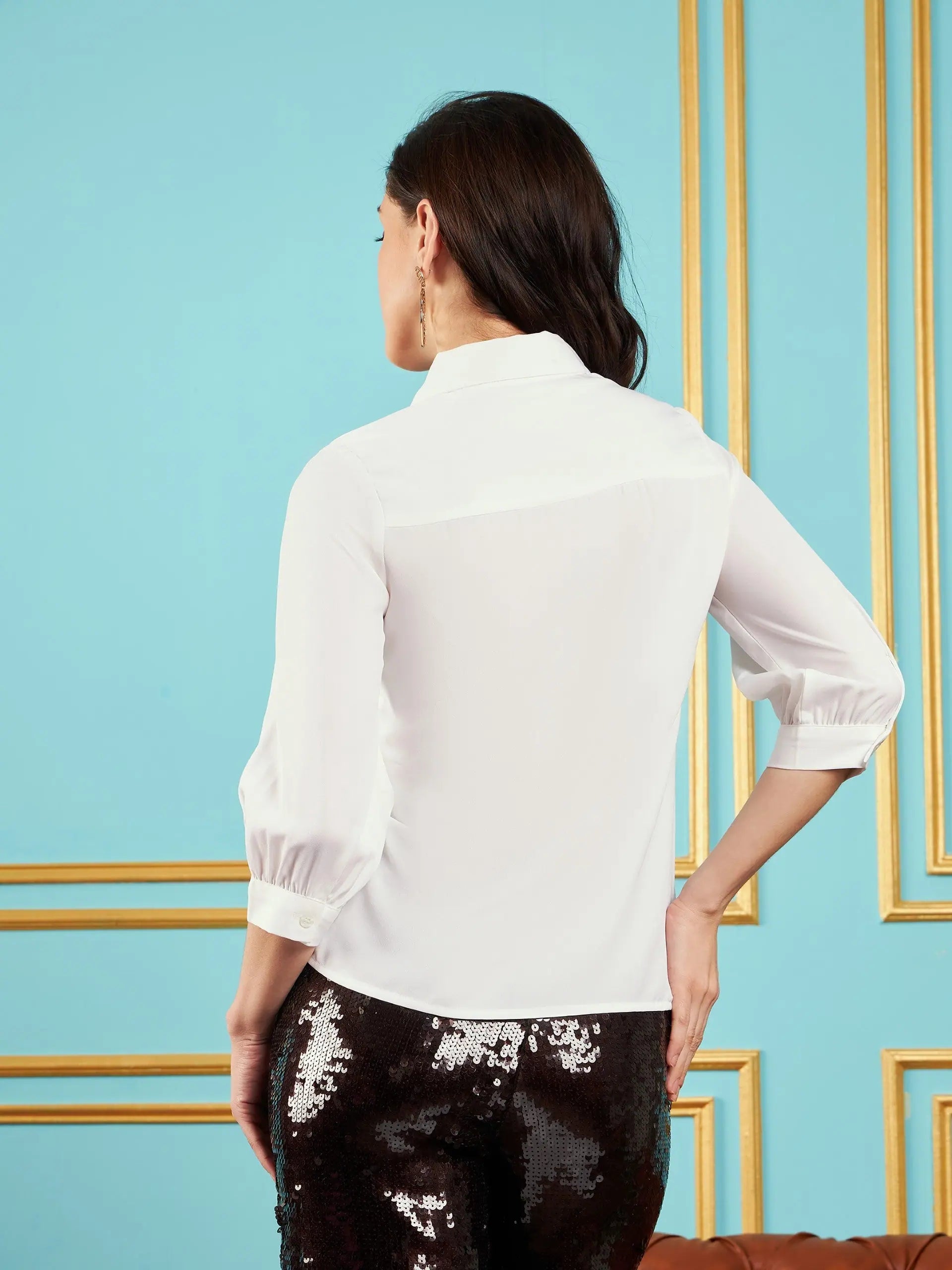 White Embroidered Placket Shirt | Women's Georgette Top