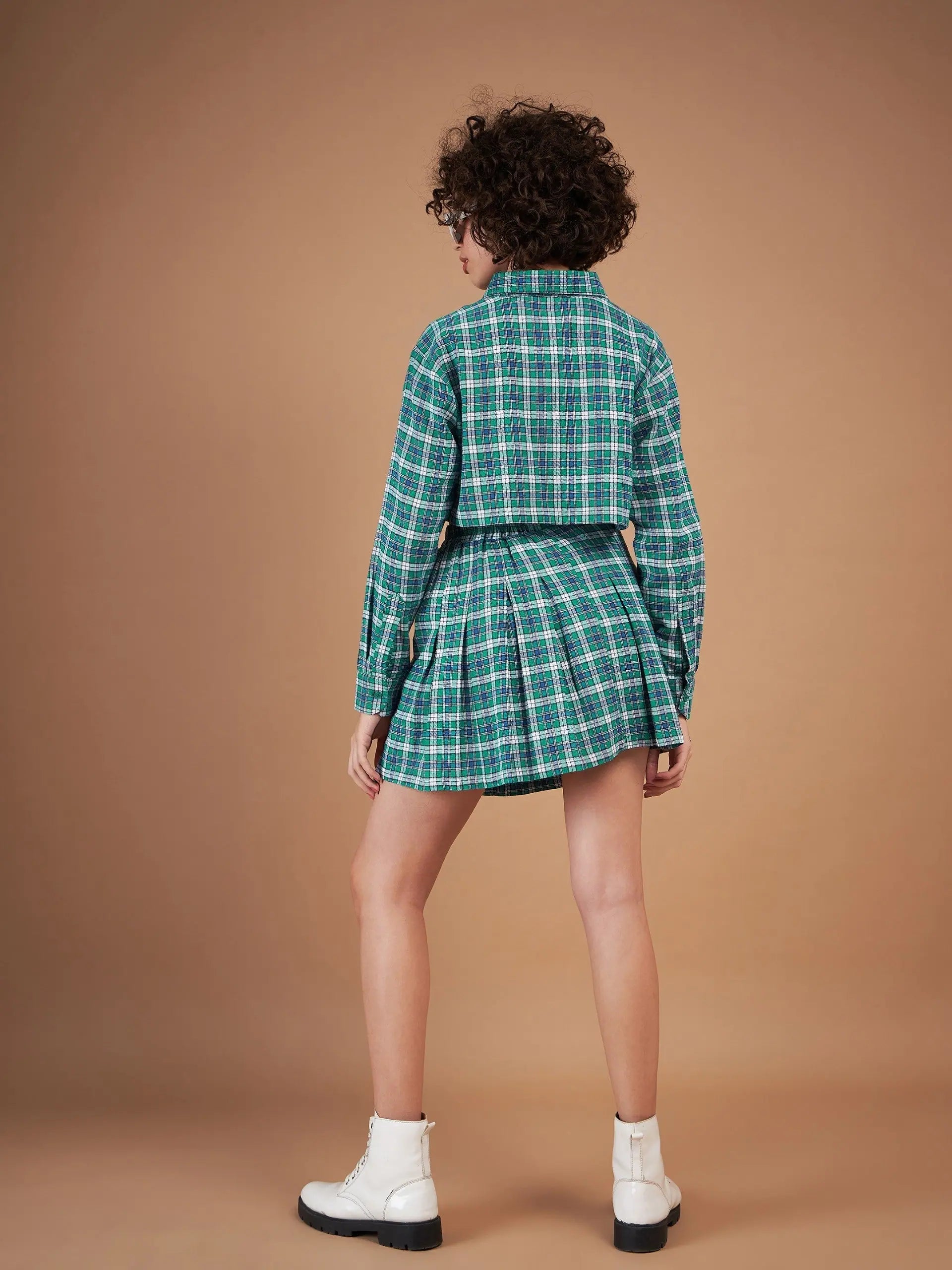 Green Check Crop Shirt & Mini Skirt Set | Designer Lehenga
