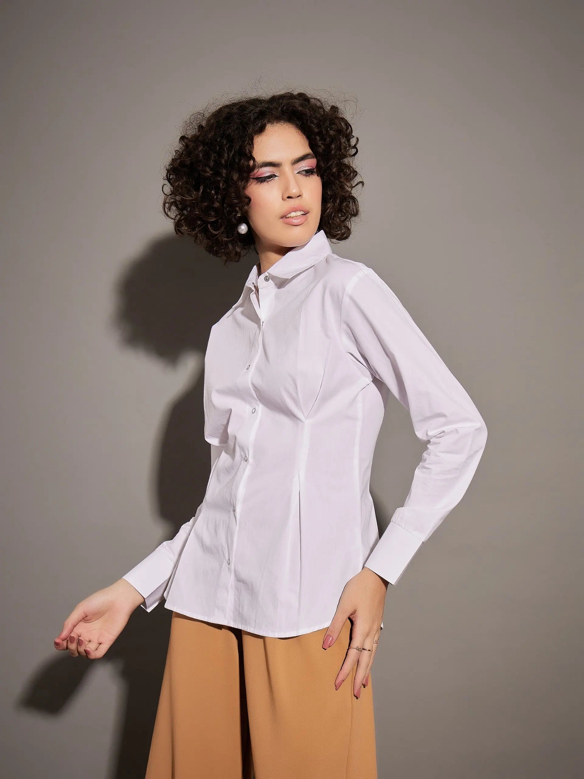 Women's Solid White Poplin Pleated Waist Shirt | Online Shop