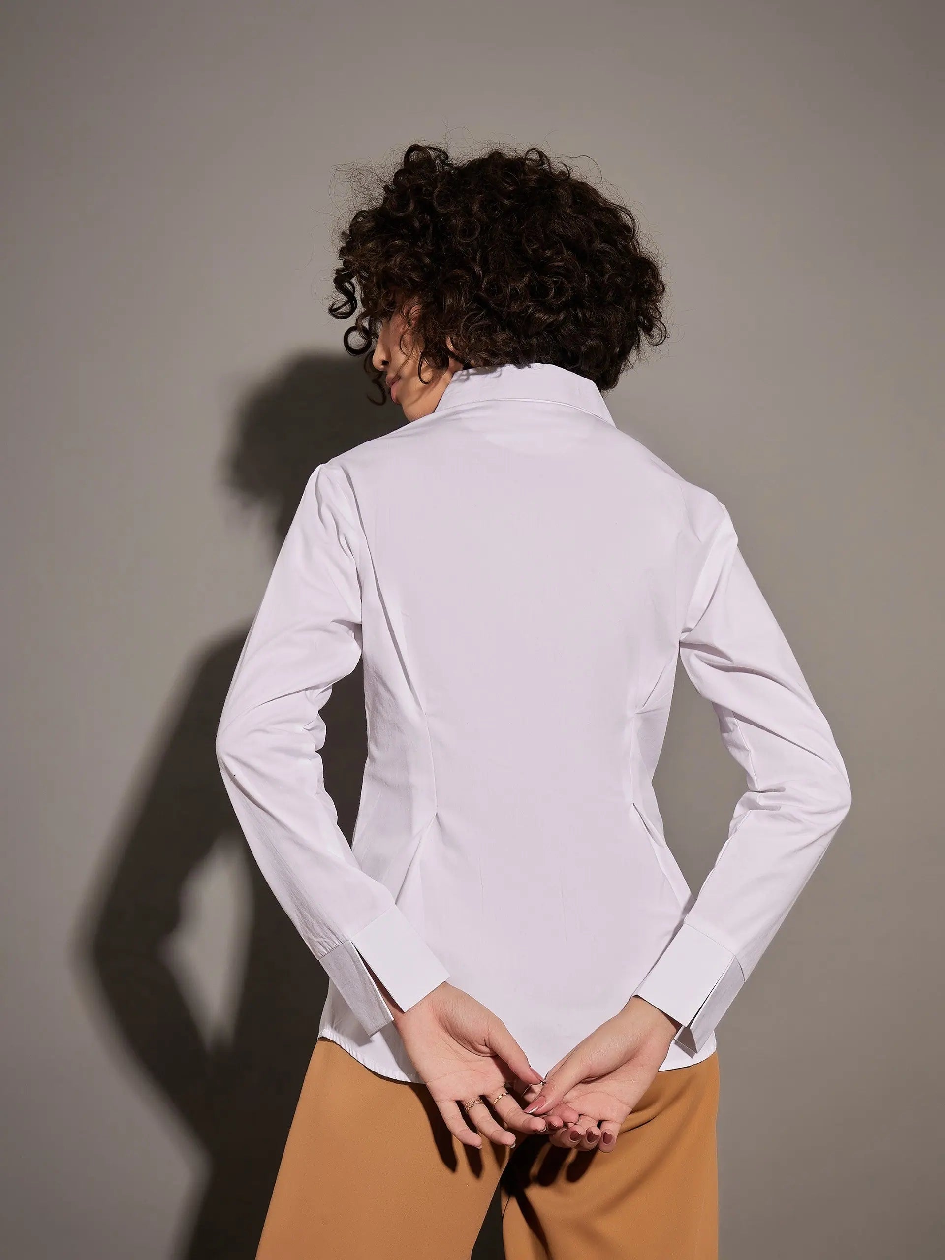 Women's Solid White Poplin Pleated Waist Shirt | Online Shop