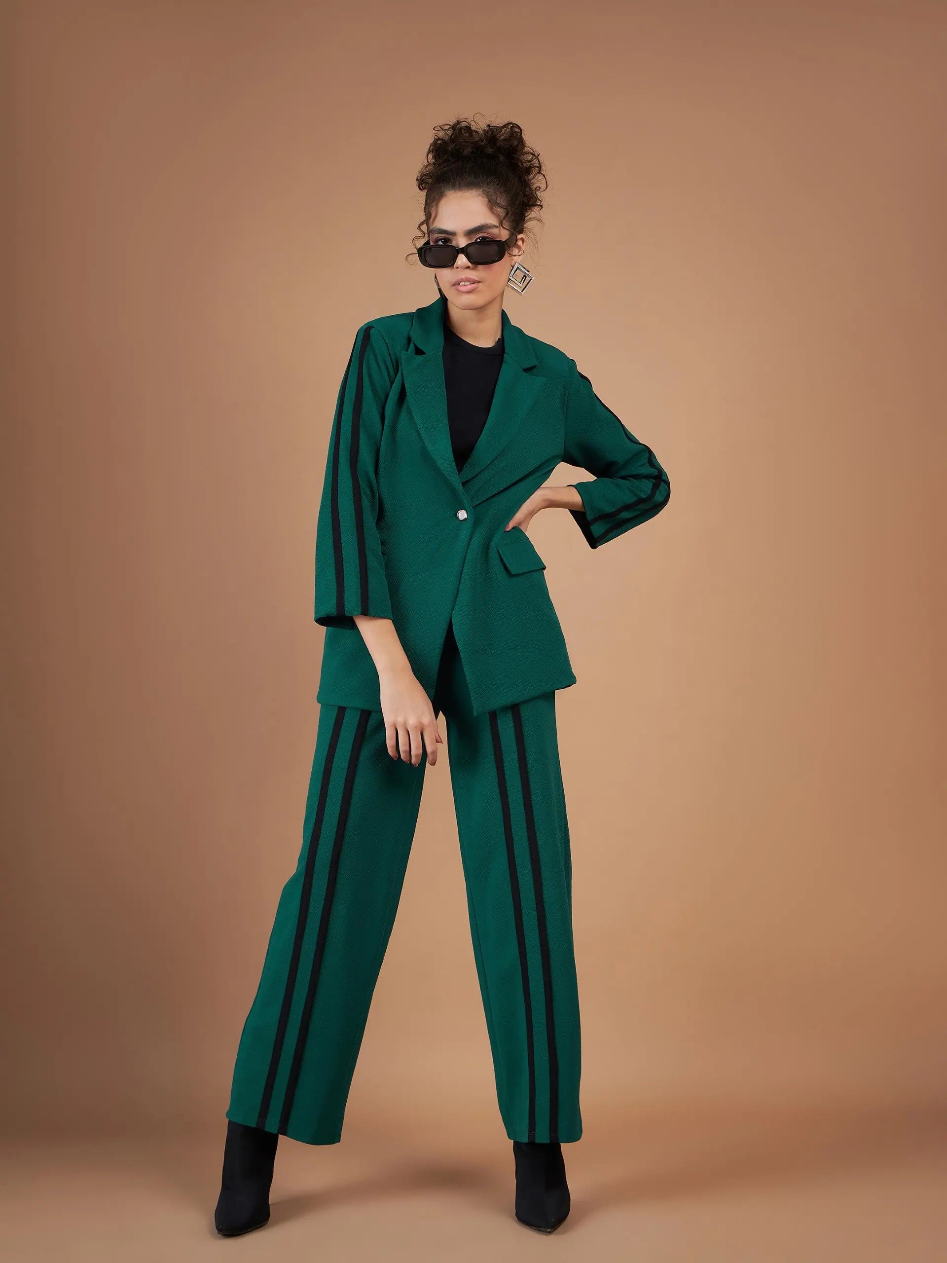 Emerald Blazer & Pants Set | Women's Contrast Tape Tops
