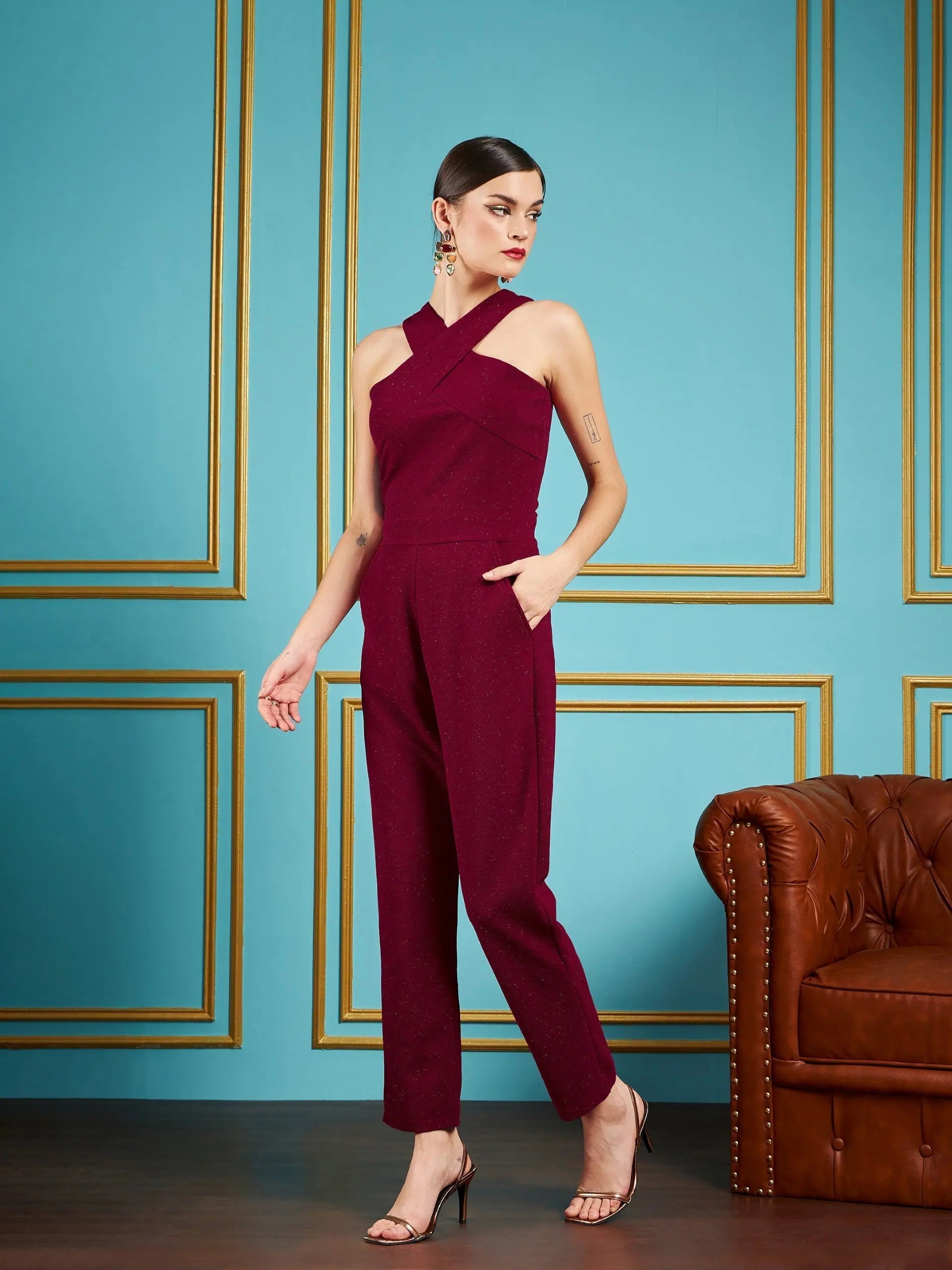 Maroon Glitter Halter Jumpsuit for Women | Party Ready